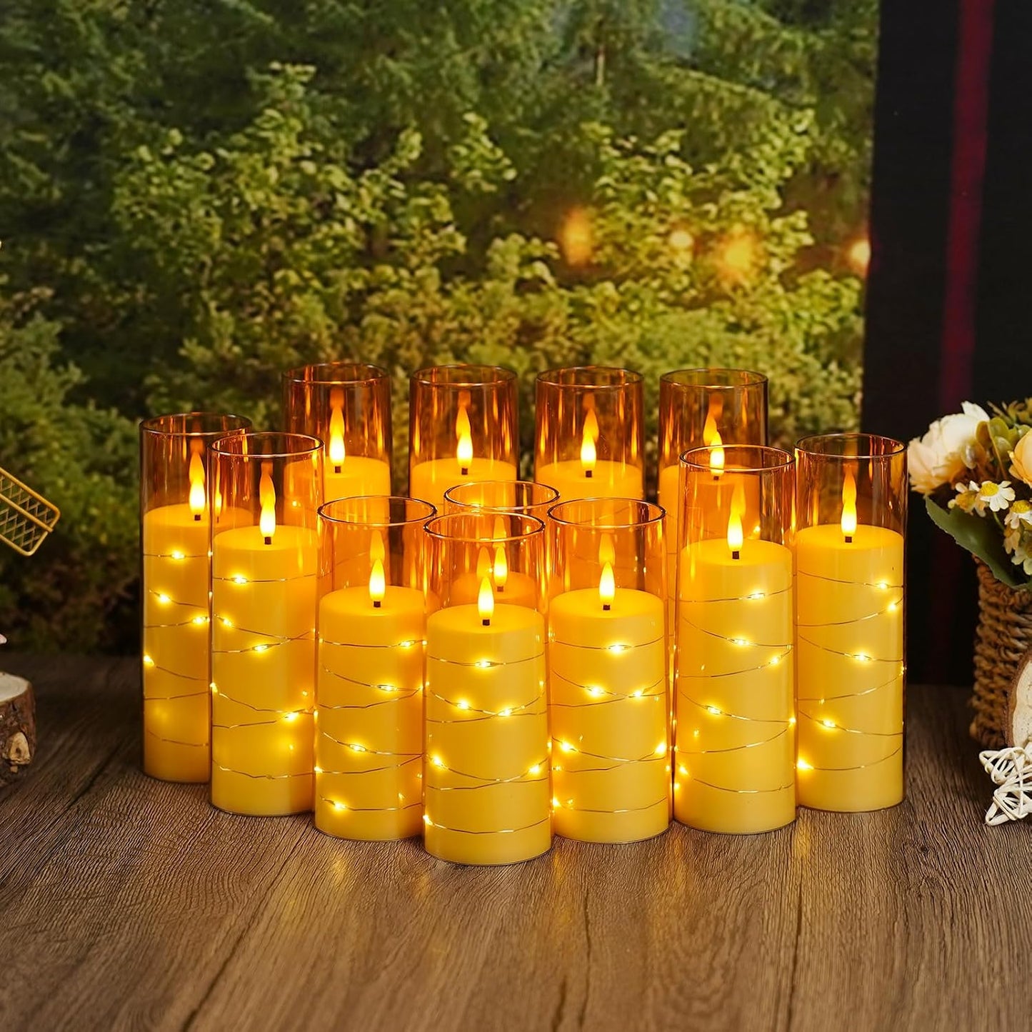 Sasigeiaa Flameless Candles with Embedded Star String - Battery Operated LED Candles, with Remote,12 Gold Flickering