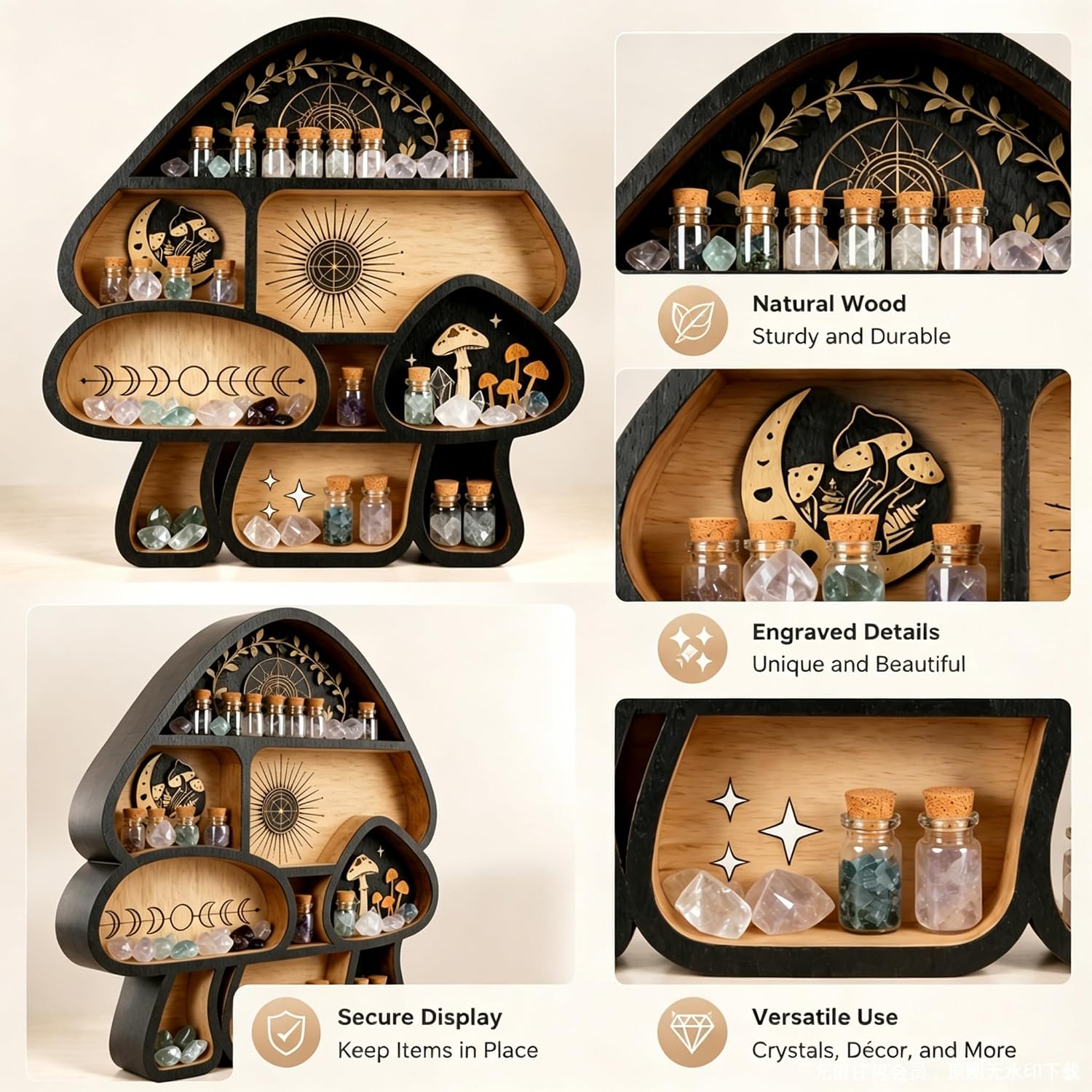 Crystal Holder / Decor Wall Shelves / 3-mushroom