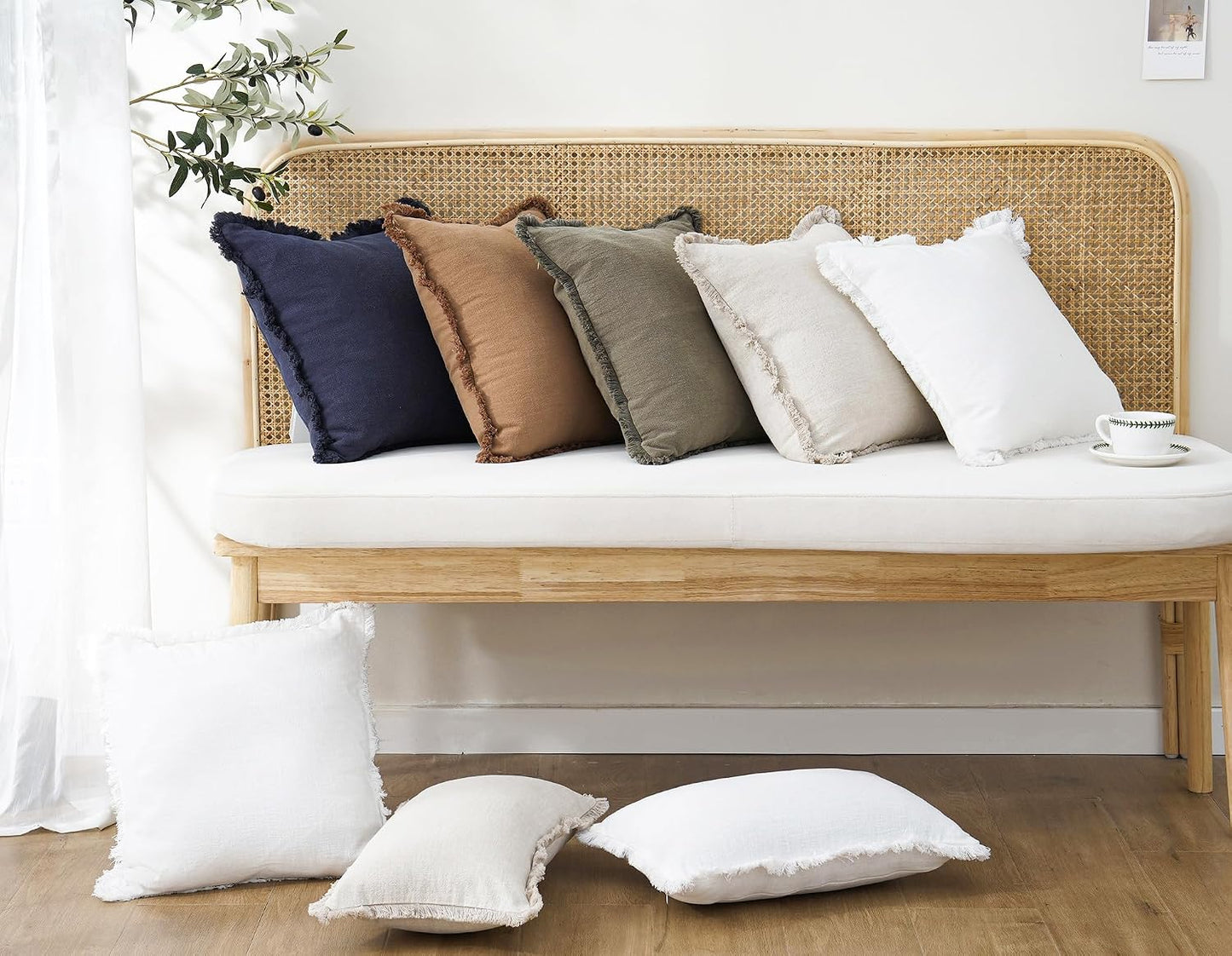 Decorative Linen Fringe Throw Pillow Covers Boho Farmhouse Cushion / 18 x 18 / Brick / Set of 2