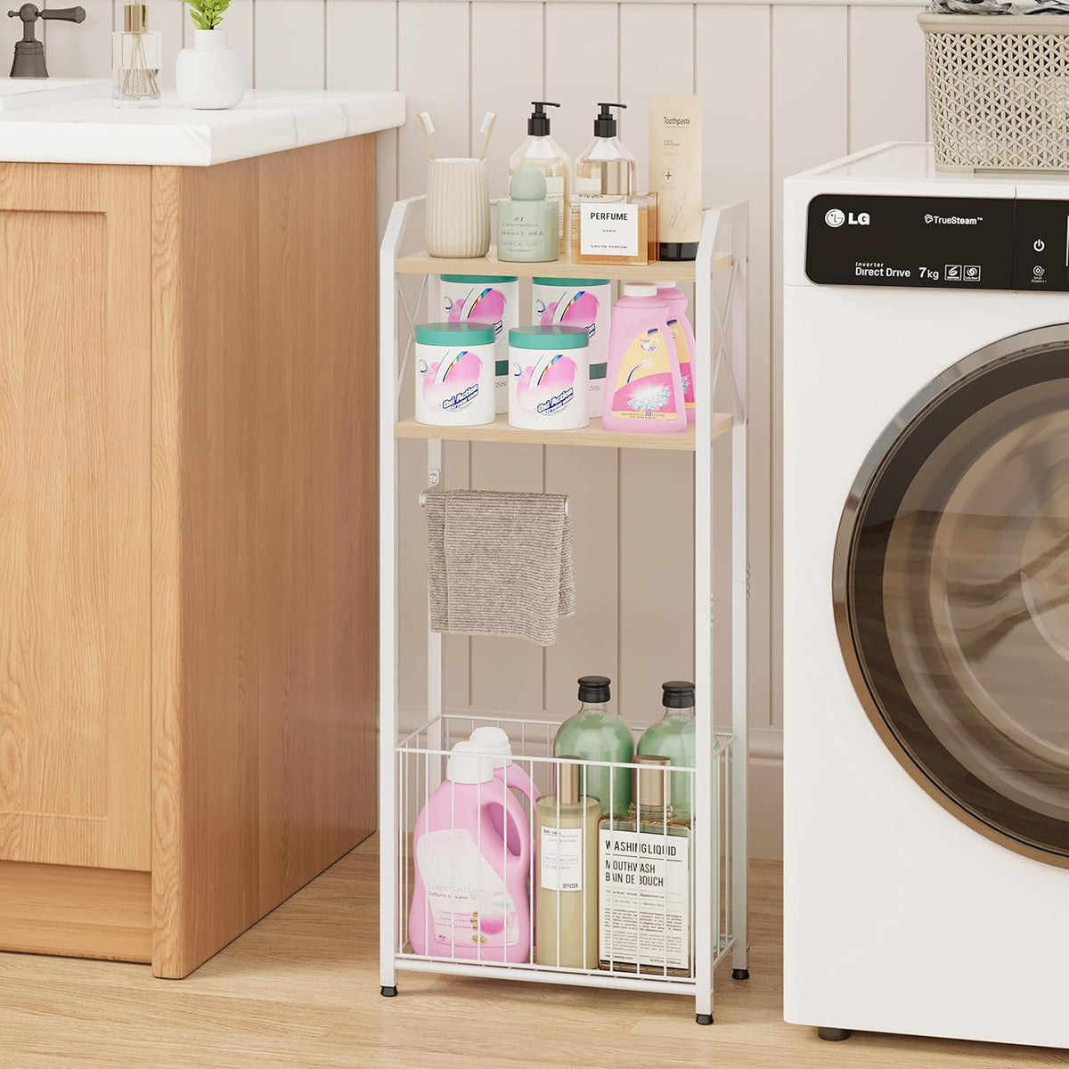 HapiRm Freestanding Toilet Paper Holder - 4-Tier Bathroom Tissue Organizer with Wood Shelves and Large Basket, Toilet