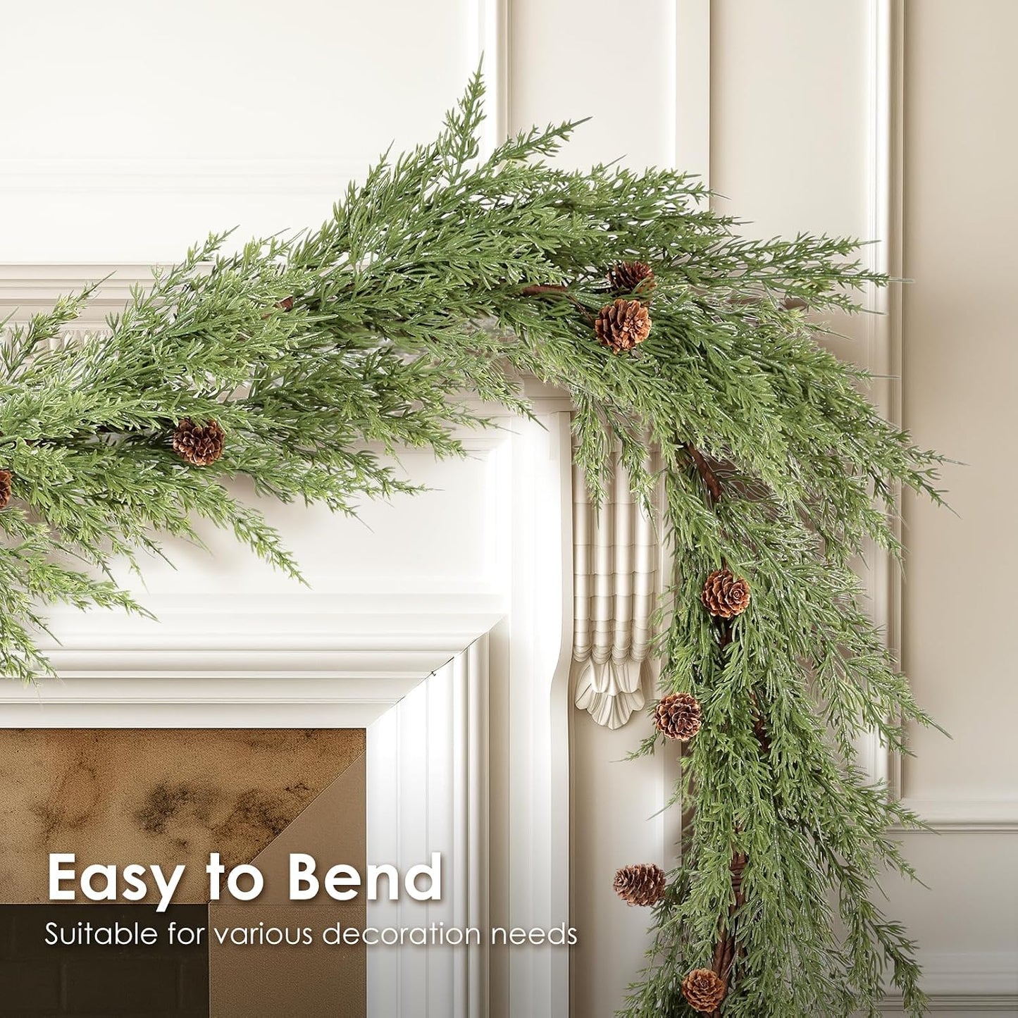 WBHome 2pcs Real Touch Cypress Cedar & Pine Cone Evergreen Garland for Christmas Holiday Seasonal Outdoor/Indoor Home