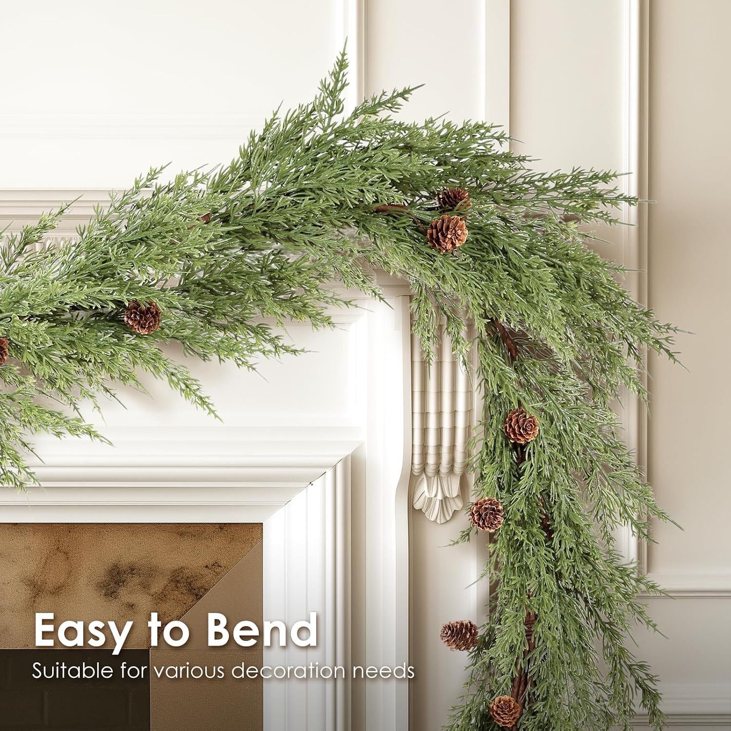 WBHome 2pcs Real Touch Cypress Cedar & Pine Cone Evergreen Garland for Christmas Holiday Seasonal Outdoor/Indoor Home