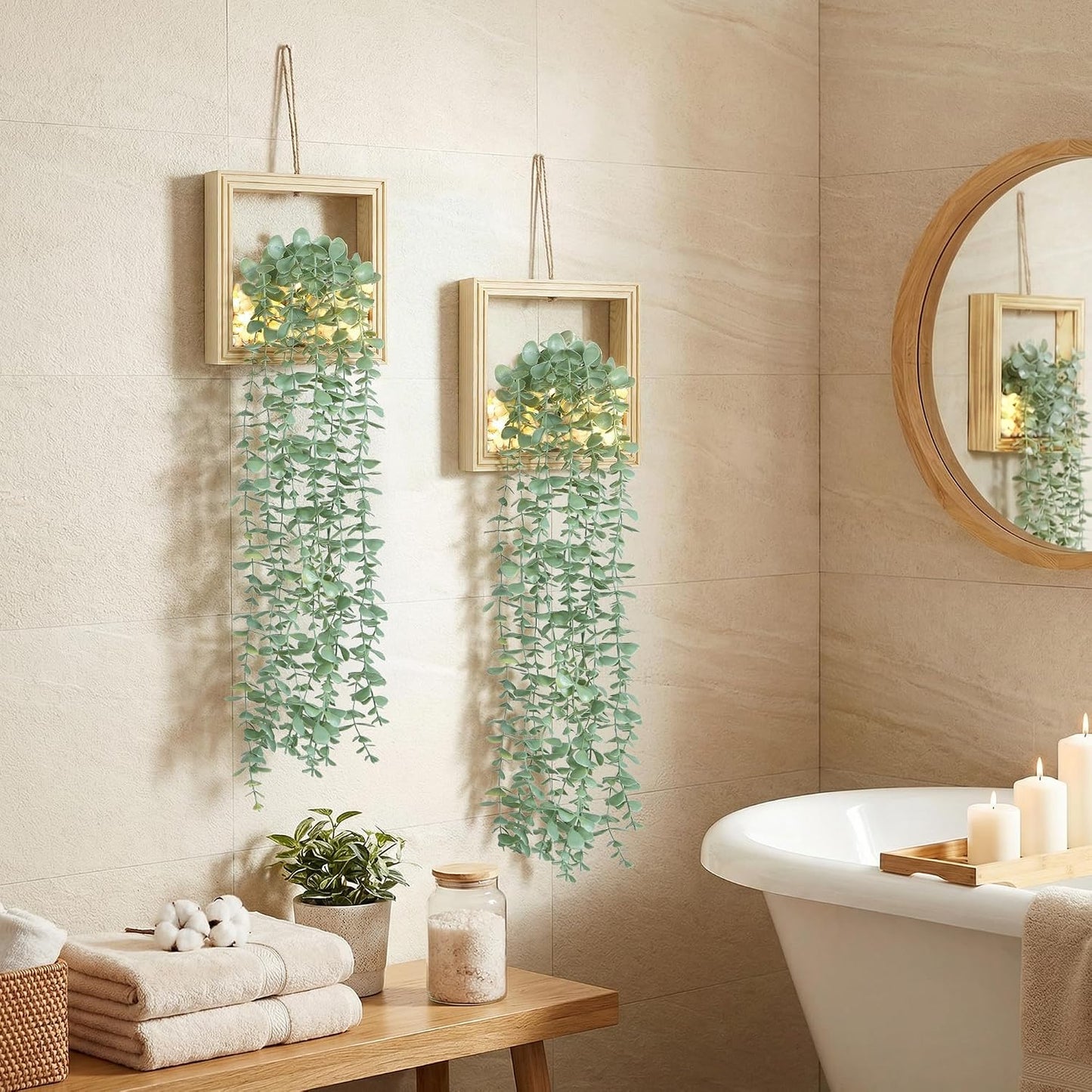 Artificial Eucalyptus Vines in Square Wooden Frame / 7.8" Natural / Set of 2
