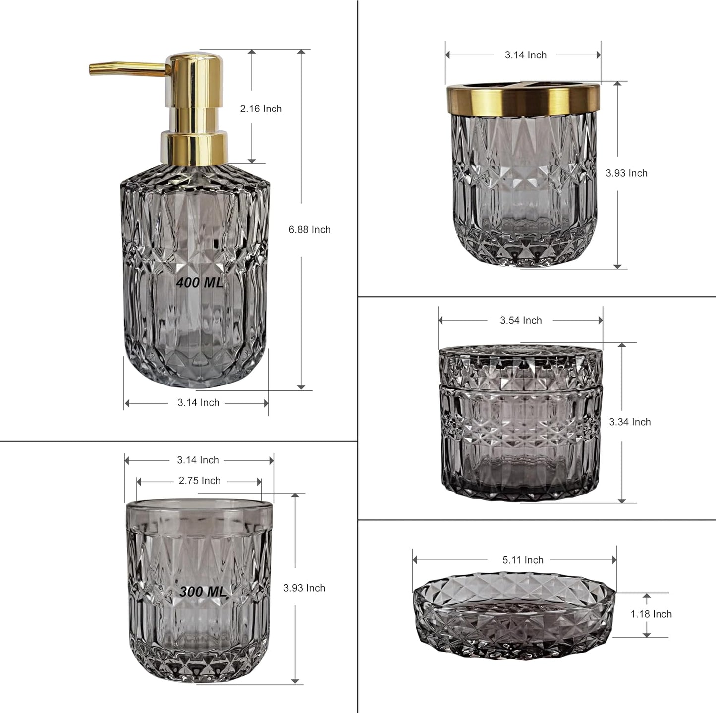 LaMarriti Gray Bathroom Accessories Set, 5Pcs Glass Bathroom Set | Soap Dispenser and Toothbrush Holder Set, Soap Dish