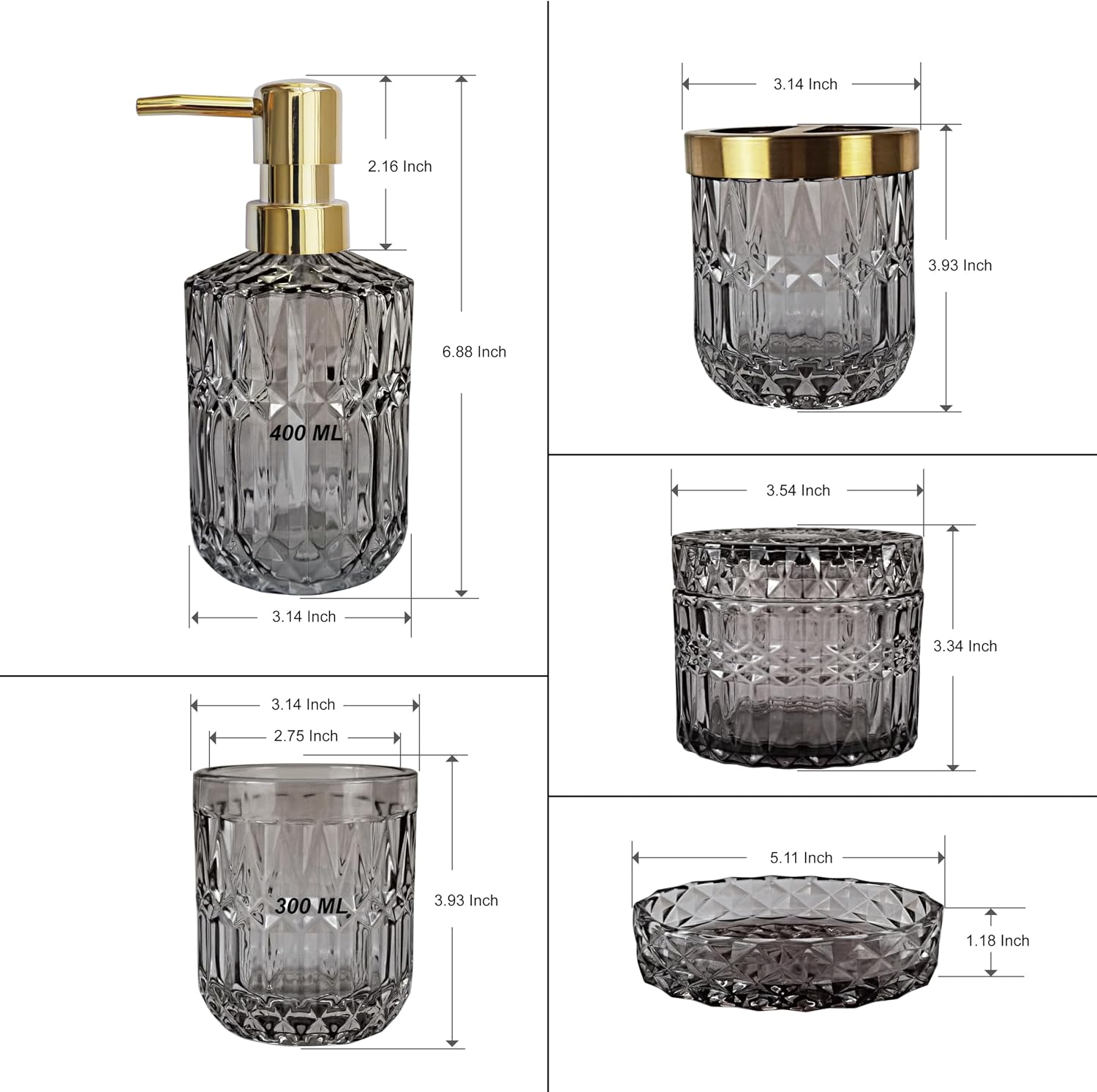 LaMarriti Gray Bathroom Accessories Set, 5Pcs Glass Bathroom Set | Soap Dispenser and Toothbrush Holder Set, Soap Dish