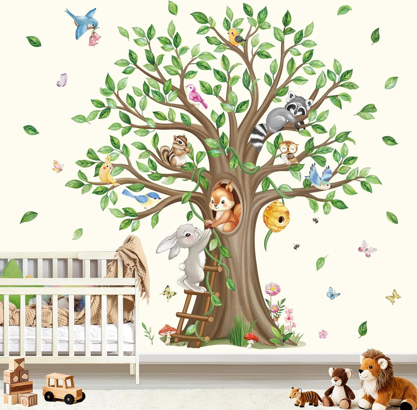 Woodland Animals Large Tree Wall Stickers Forest Animals Rabbit Squirrel Peel and Stick Wall Art