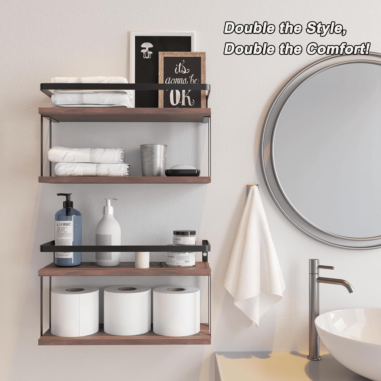 RICHER HOUSE Floating Shelves Bathroom, Wall Mounted Shelf Over Toilet | Dual-Level, with Metal Guard-Rail, Organizers
