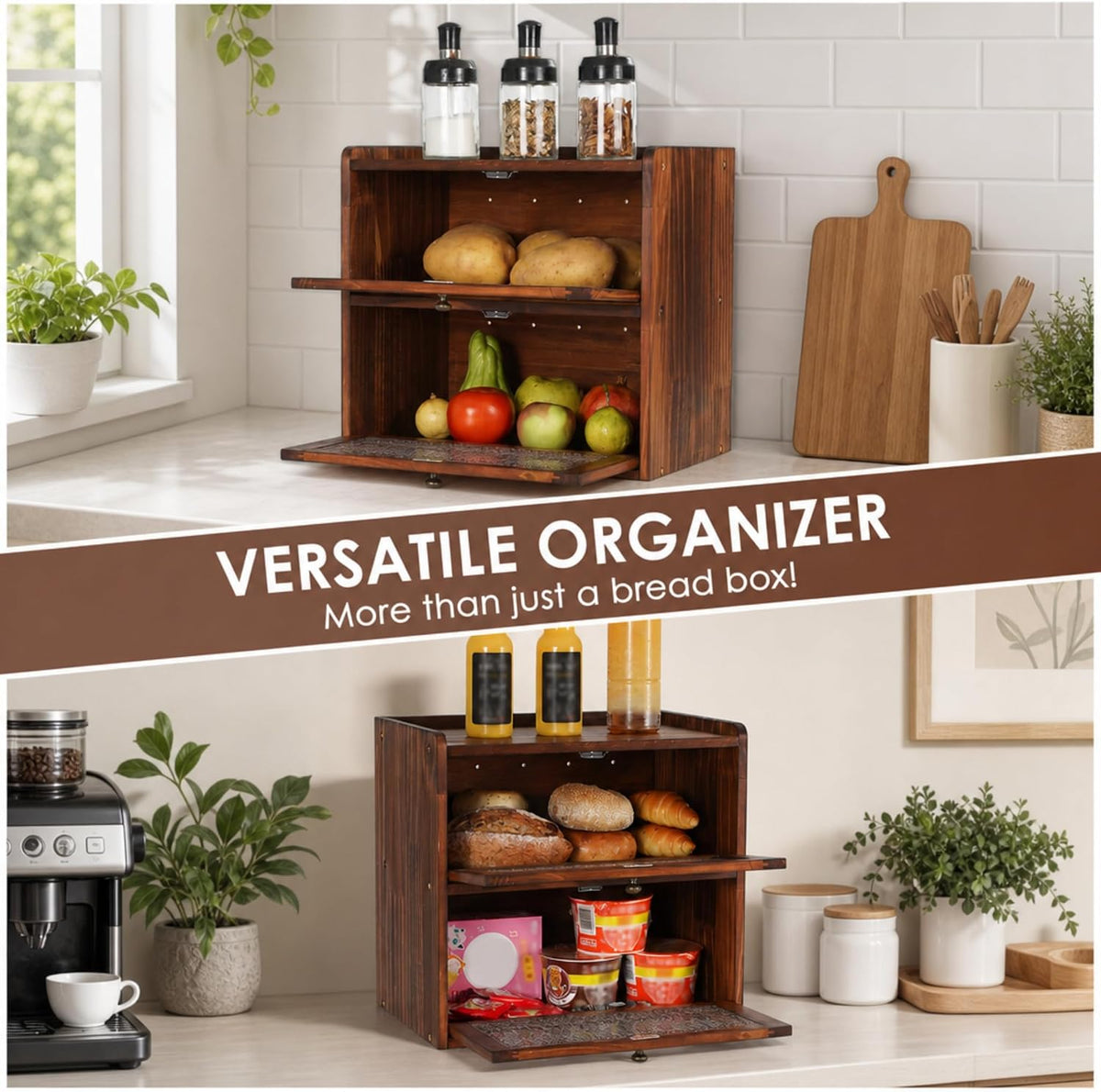 Sunhoo Bread Box for Kitchen Countertop, Large Pine Wood Breadbox, Brown | Farmhouse Pantry Container, Double Layer