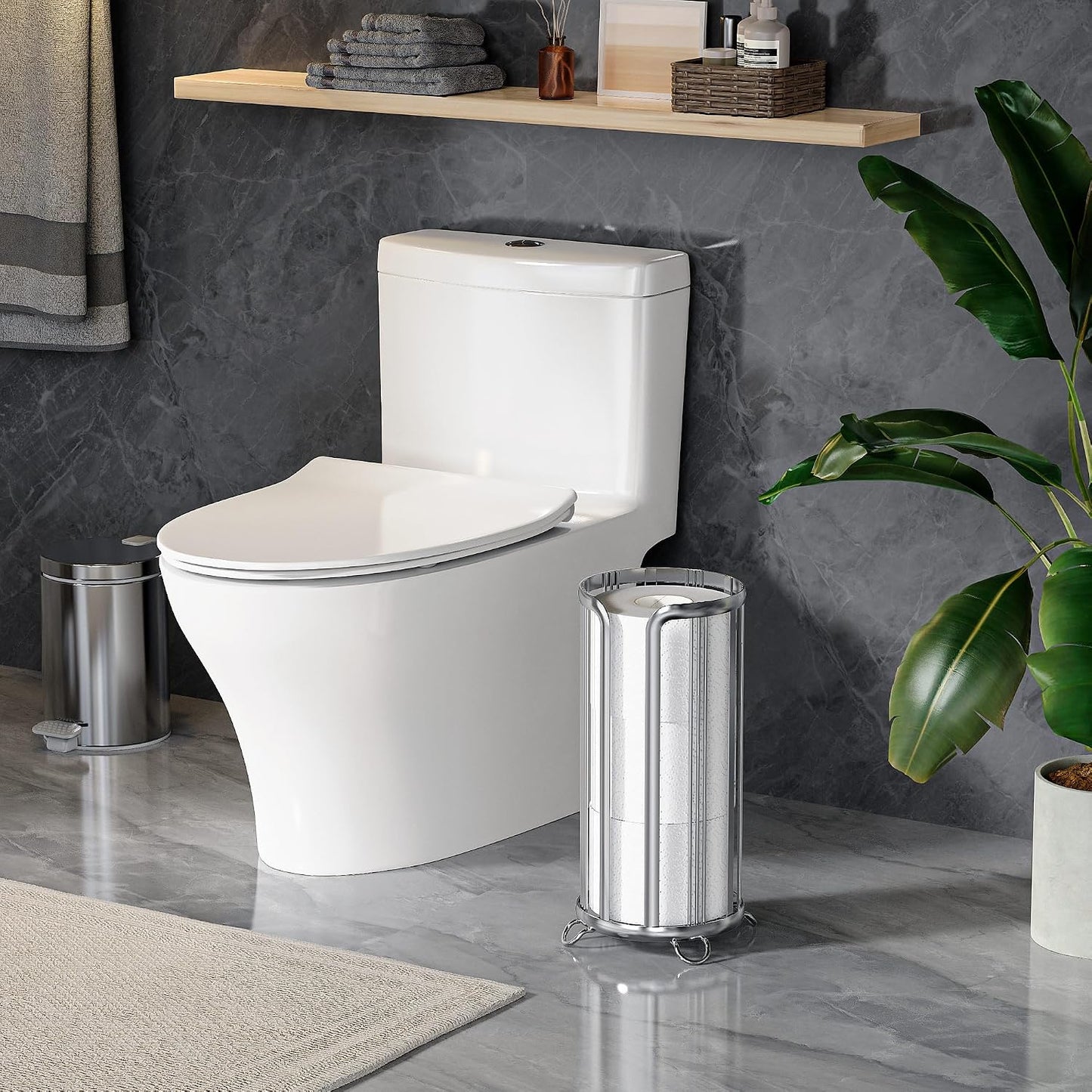 Epicano Toilet Paper Holder Stand Frees Standing,Silver | Minimalist Design, Raised Feet,Rustproof,Fit 3 Mega Rolls,No