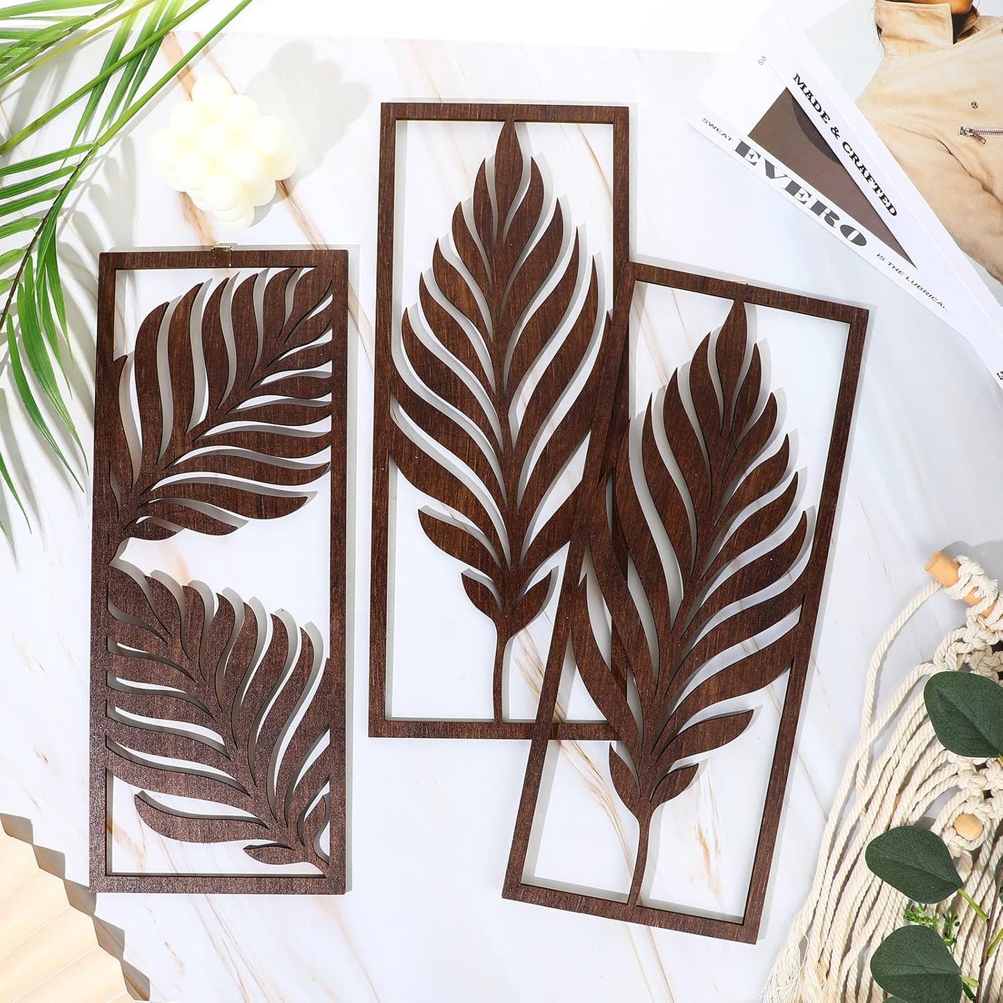 Palm Leaves Wooden Art Wall Decor Boho Wood Leaves Plant Wall / Brown / 14.57 x 5.79 / Set of 3