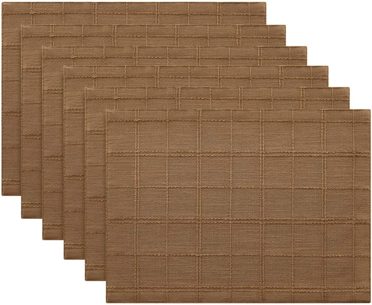 Linen Checked Farmhouse Placemats Set of 6, Roasted Brown 13x19in | Double Layer, Reversible, Thick Textured Table