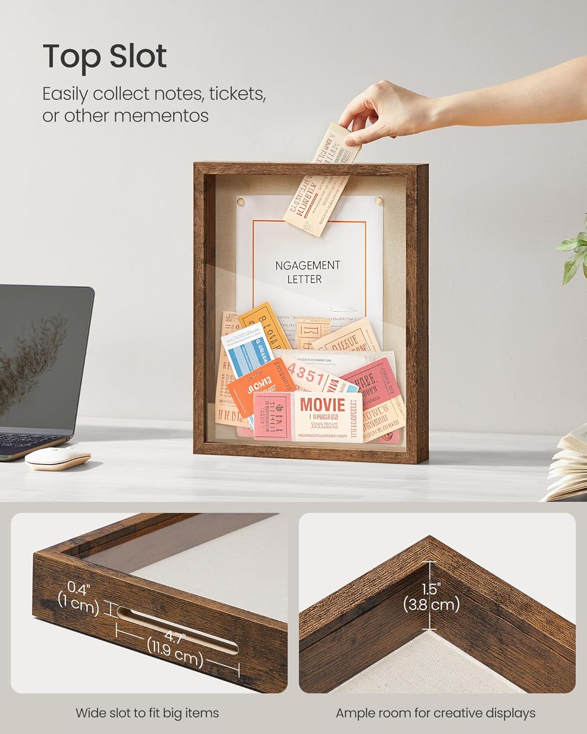 SONGMICS 11x14 Shadow Box Frame, Top Loading Display Case Frame , Glass Front with Top Slot and Push Pins, Linen Fabric