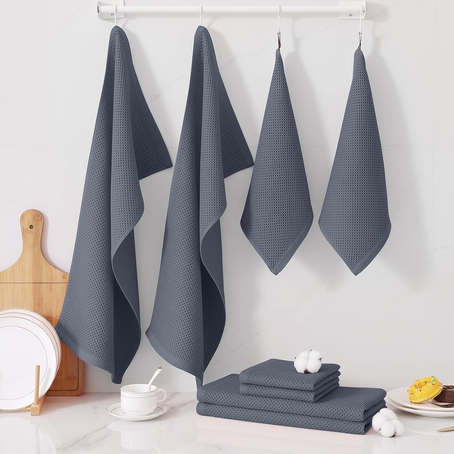 Homaxy 12 Pack 100% Cotton Kitchen Towels and Dishcloths Set, Dark Grey | 12 x 12 Inches and 13 x 28 Inches Kitchen