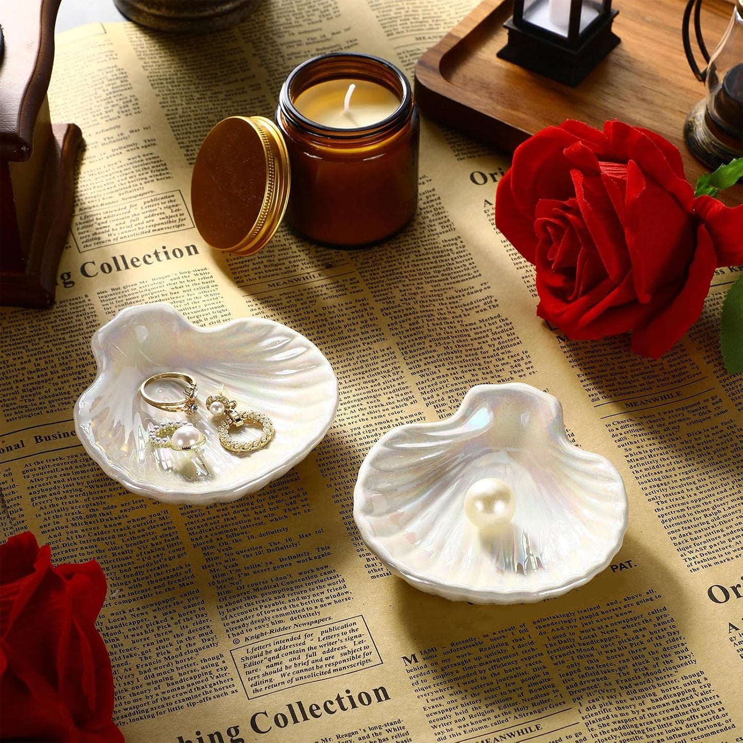 Shell Ring Dish Ceramic Jewelry Trinket Dish Tray Seashell Ring Key Holder Bowl / White / Set of 8