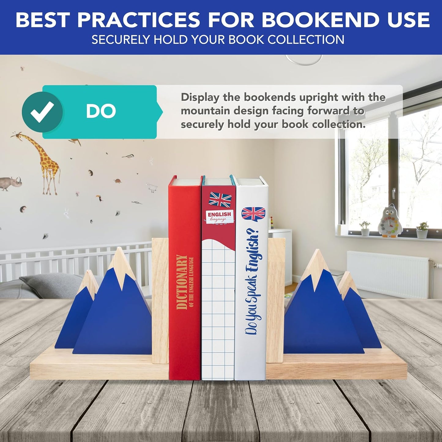 Non-Skid Wooden Bookends for Kids / Blue