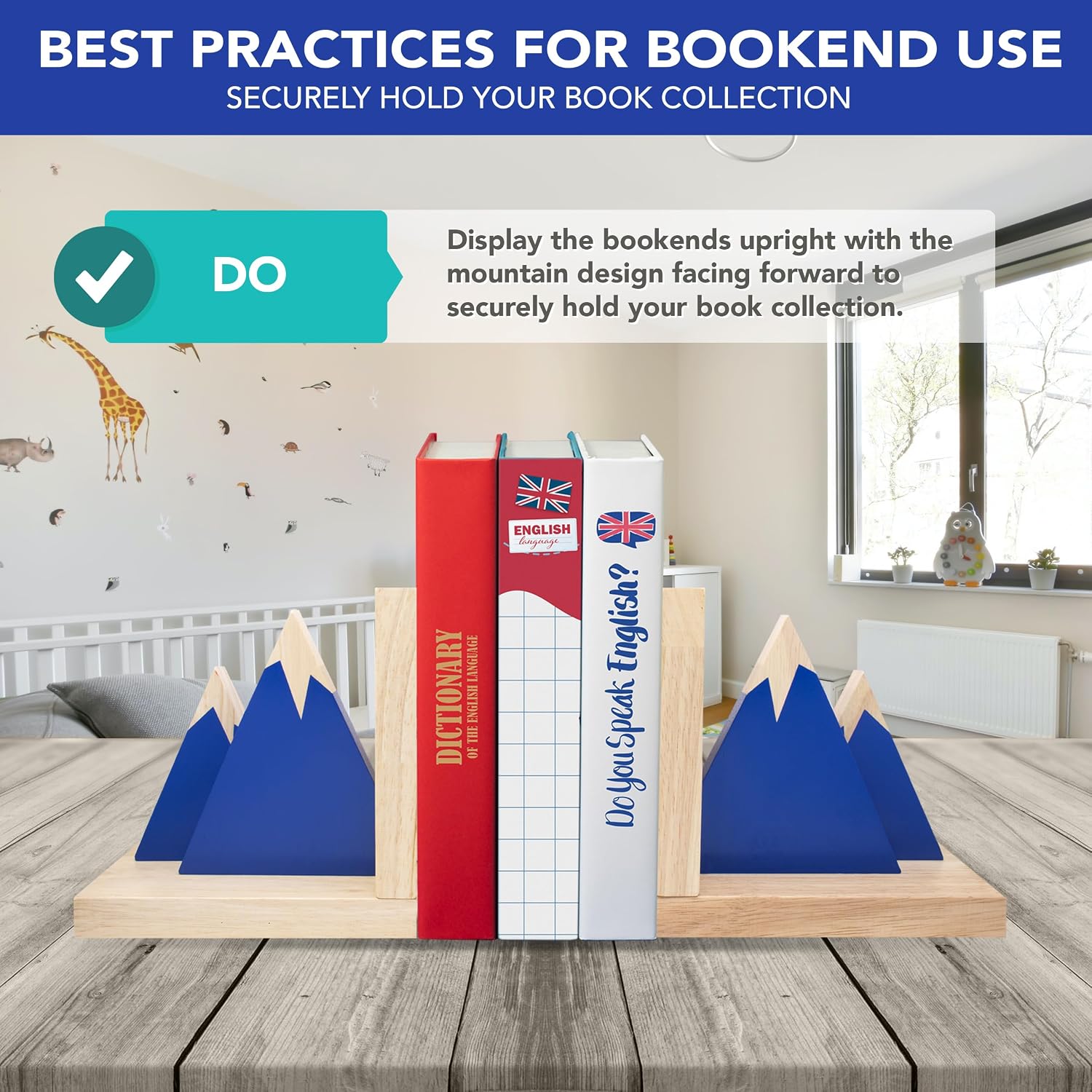 Non-Skid Wooden Bookends for Kids / Blue