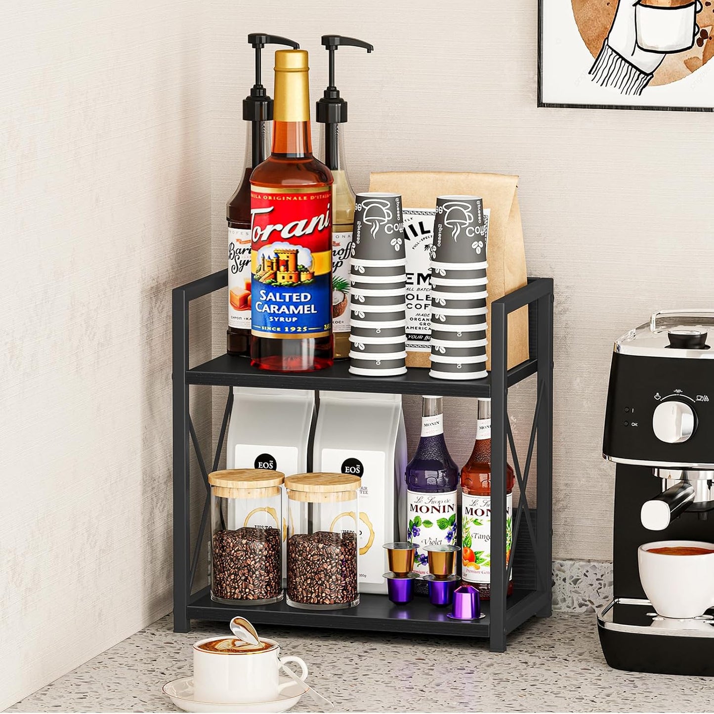 Giikin Countertop Organizer, 2 Tier Coffee Station Organizer for Desktop, Wood Counter Shelf Spice Rack for Kitchen