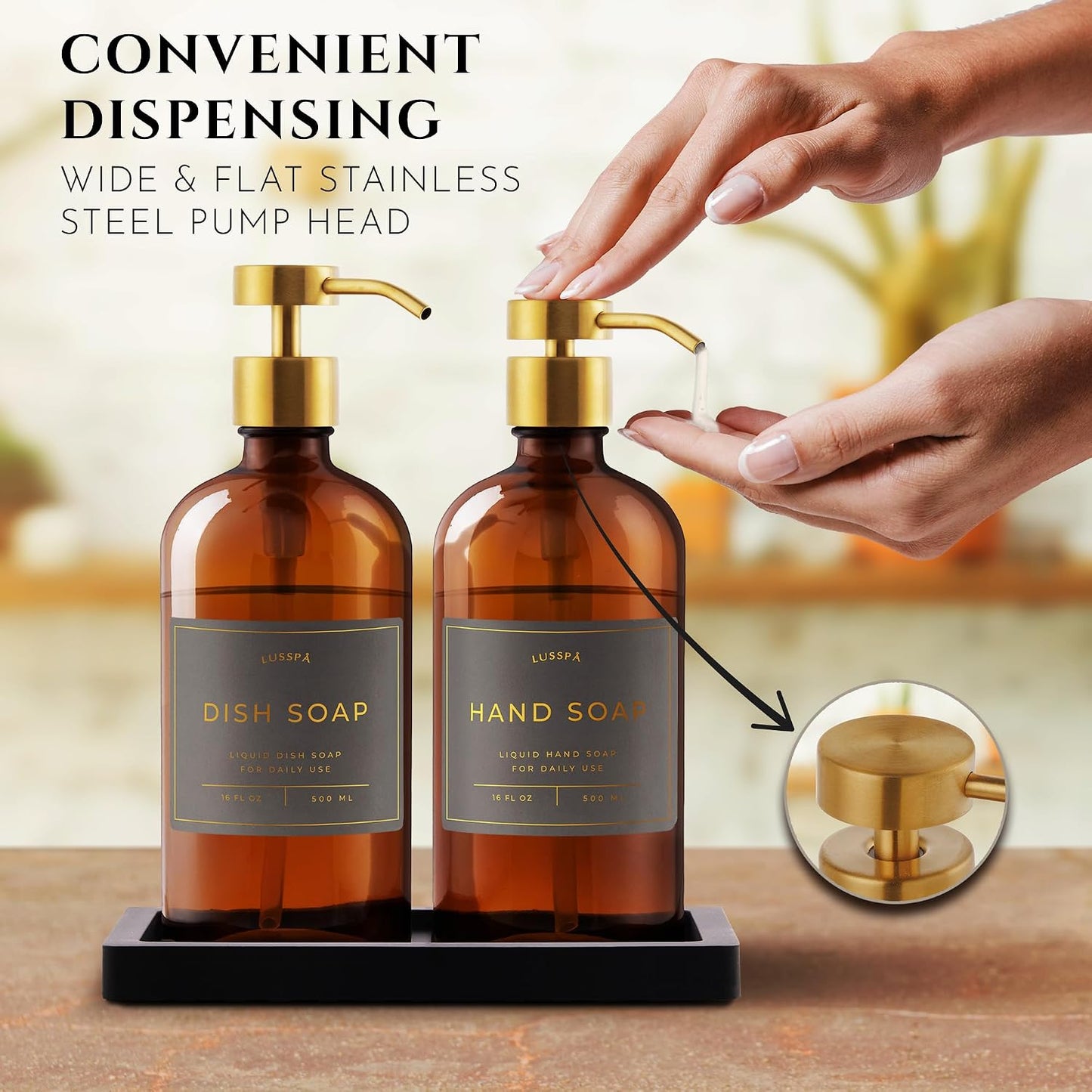 Glass Soap Dispenser Set of 2 (Amber) with Silicone Tray | Hand and Dish Soap Dispenser for Kitchen and Bathroom | 16.8