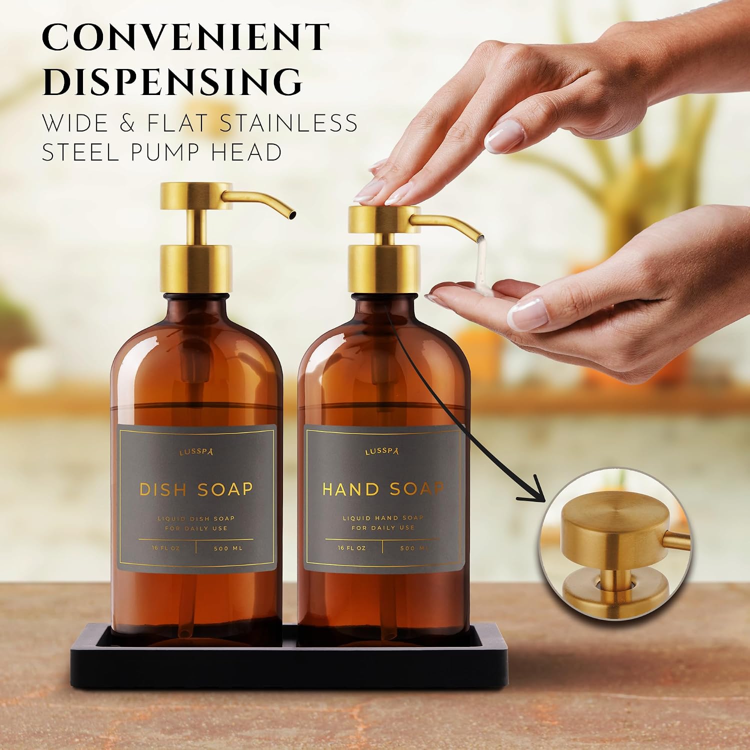 Glass Soap Dispenser Set of 2 (Amber) with Silicone Tray | Hand and Dish Soap Dispenser for Kitchen and Bathroom | 16.8