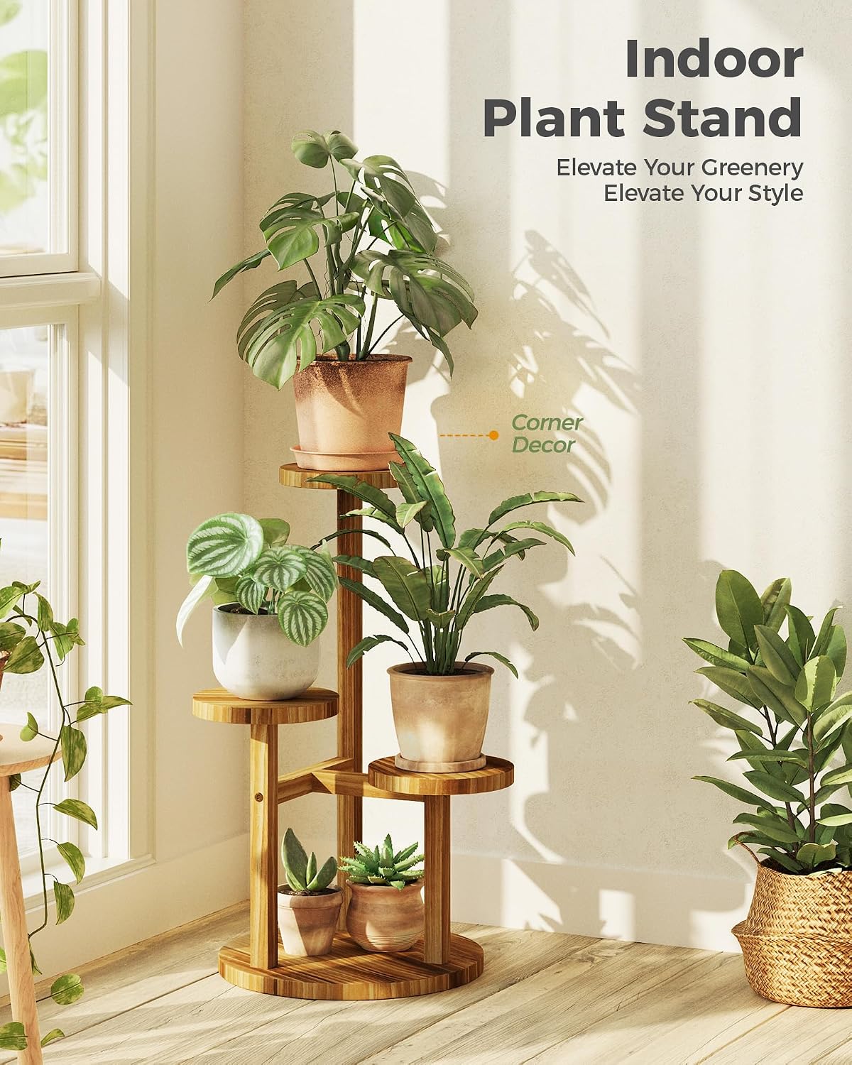 Bamworld Plant Stand Indoor Wood Plant Shelf 3 Tier Brown | plant holders for Multiple Plants Tall Corner Plant Stands