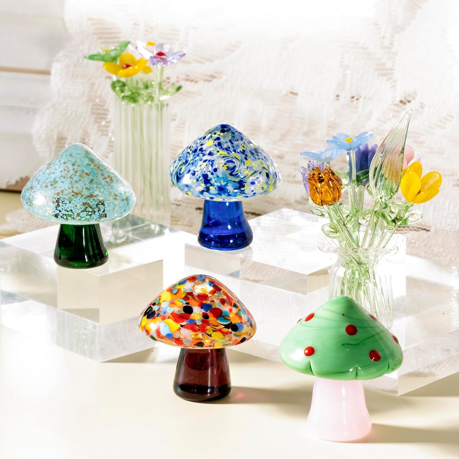 Blown Glass Mushrooms Figurines Miniatures Mushrooms for Fairy Garden / Style 3 / Set of 4