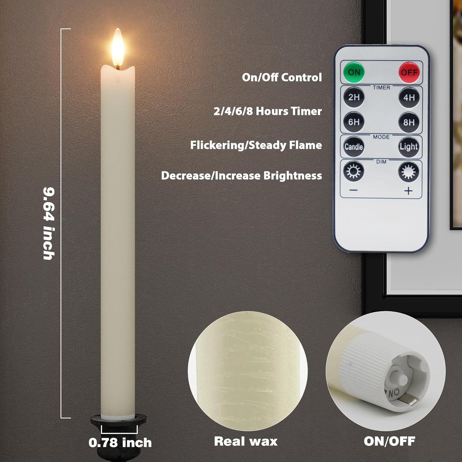 Rechargeable Flameless Taper Candles with Remote, Charging Base, 6 Pcs | 0.78x9.6" ivory wax LED tapers, 3D flicker