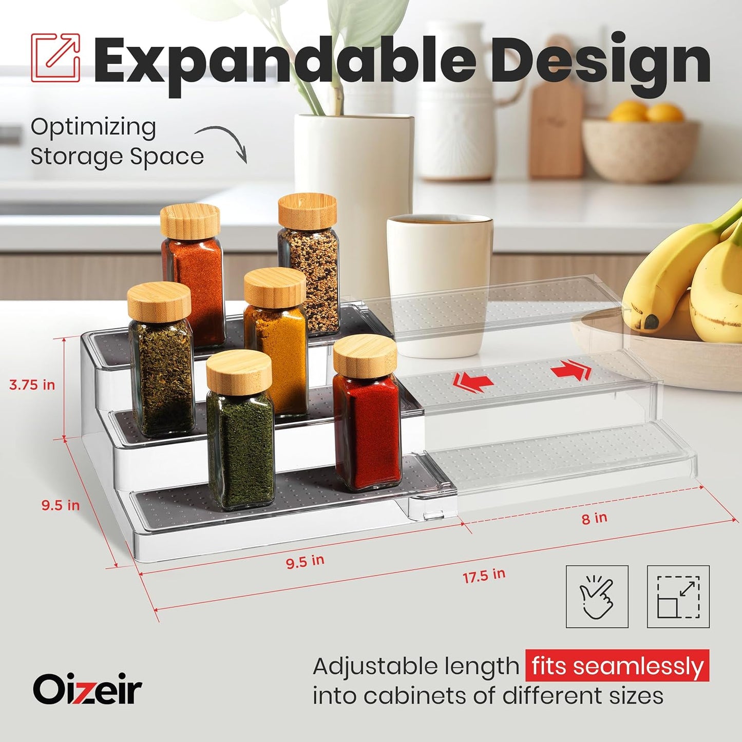 Oizeir 3-Tier Expandable Spice Rack Organizer for Cabinet, Clear | Expandable Plastic Spice Rack Organizer, Adjustable