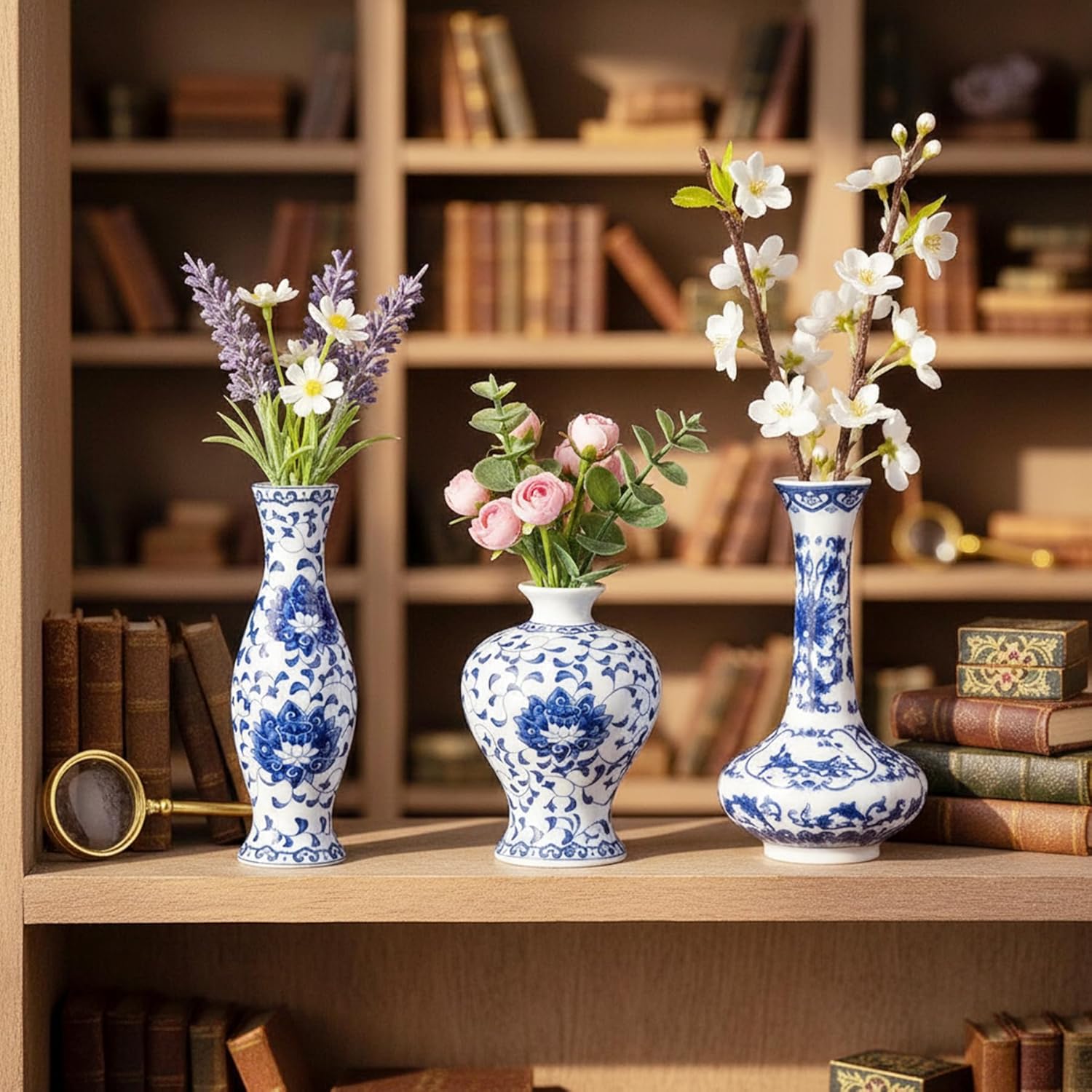 Ceramic Flower Vases / Blue & White Porcelain Set / Set of 3