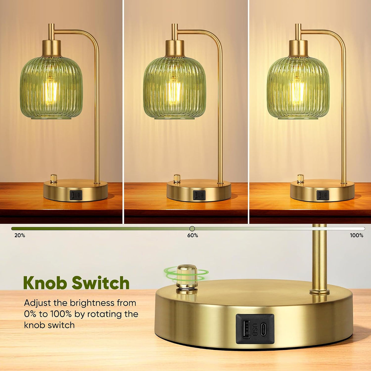 QiMH Industrial Table Lamp for Bedroom Set of 2, Green Glass Beside Lamp with USB A&C Ports, Stepless Dimmable Gold