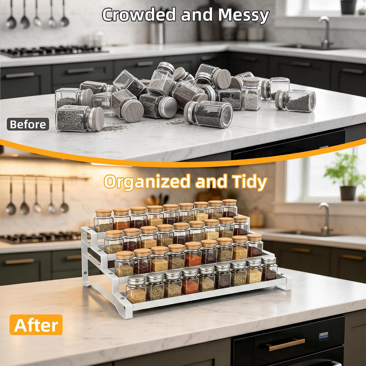 Spice Rack Organizer for Cabinet, 13-21.5" Expandable Spicy Shelf | 11.6" Depth 4-Tier White Metal Seasoning Organizer