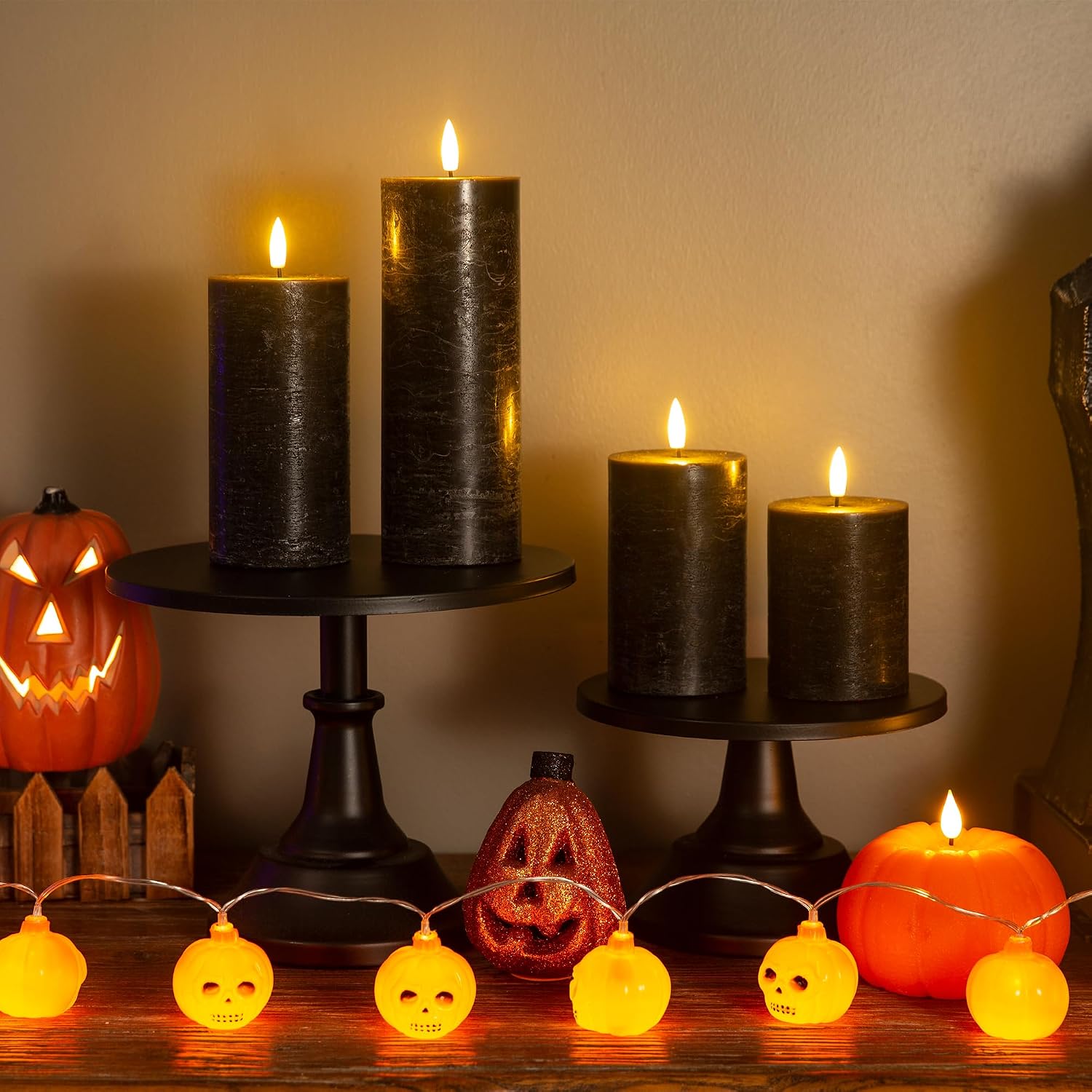 LUSHARBOR Halloween Flameless Candles, 4 Pack Battery Operated Halloween Candles with Remote, Wax LED Fake Pillar