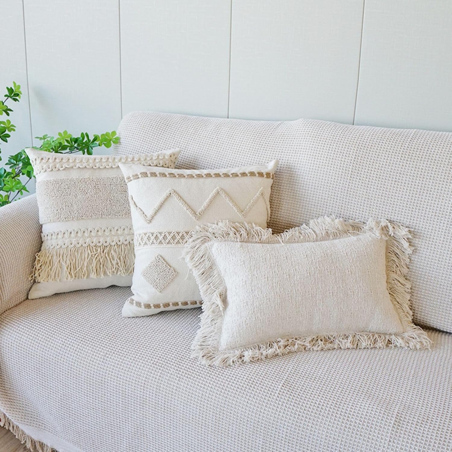 Boho Throw Pillow Cover Tassels Textured Striped Bed / 18 x 18 / Throw Pillow Covers / Pattern A