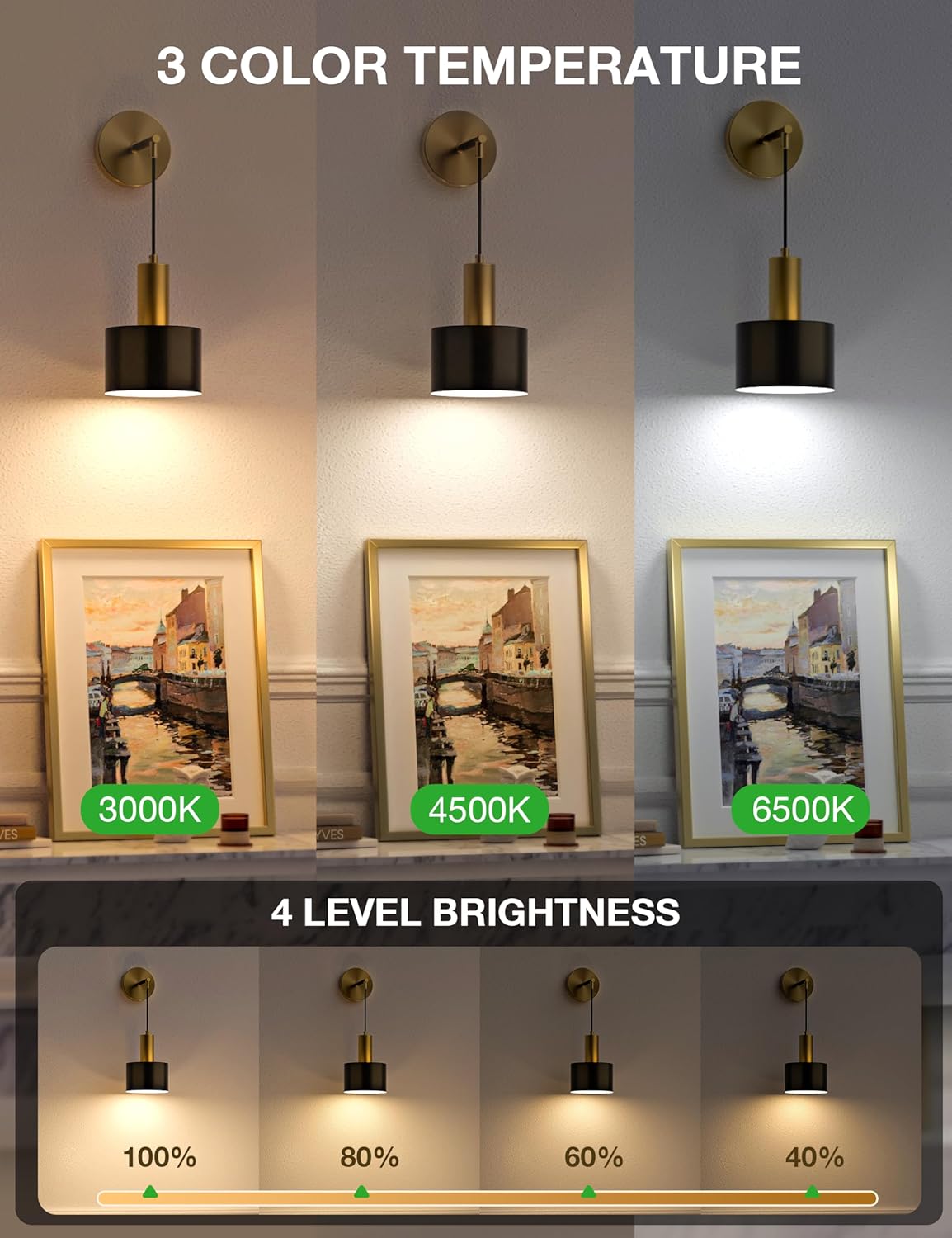 Battery Operated Wall Sconce Set of 2, Gold & Black Wireless Rechargeable Wall Lights with 5200mAh Dimmable Detachable