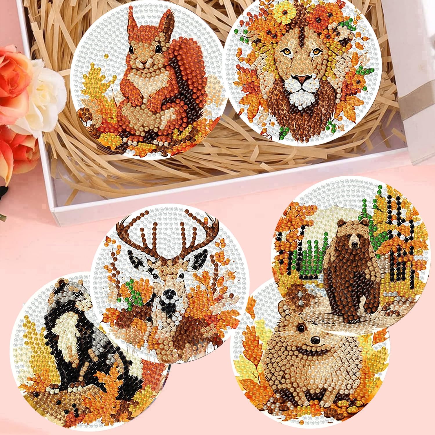 Holder Cork / Diamond Painting Coasters / Fall Animals / Set of 8