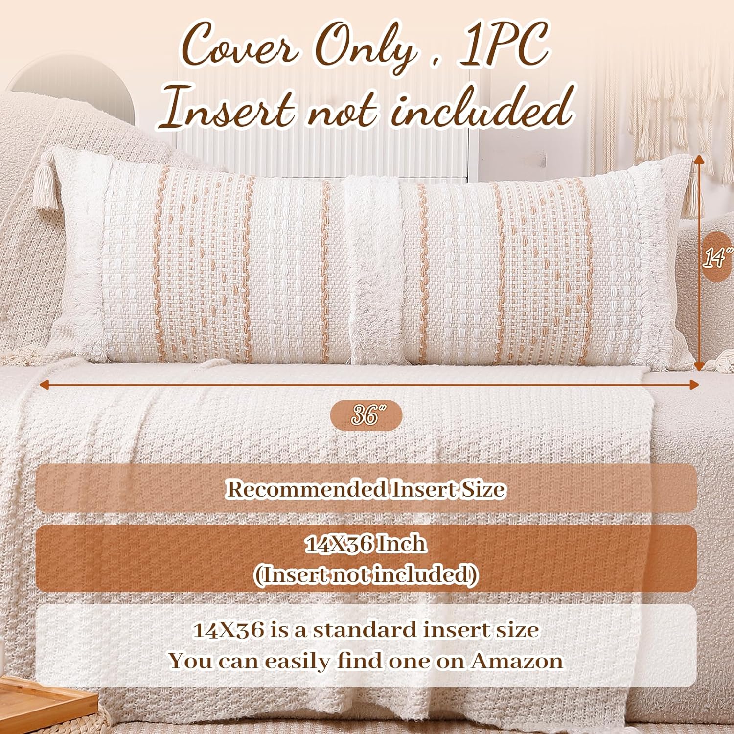 Lumbar Pillow Cover / Cream Beige / 14 x 36