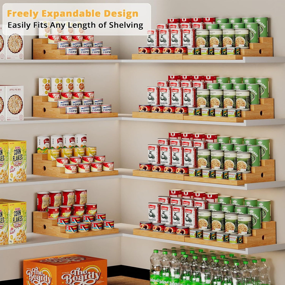 4-Tier Extra-Long Expandable Can Rack, Adjustable Bamboo Organizer for Pantry, Can Storage Holder for Pantry Shelf &