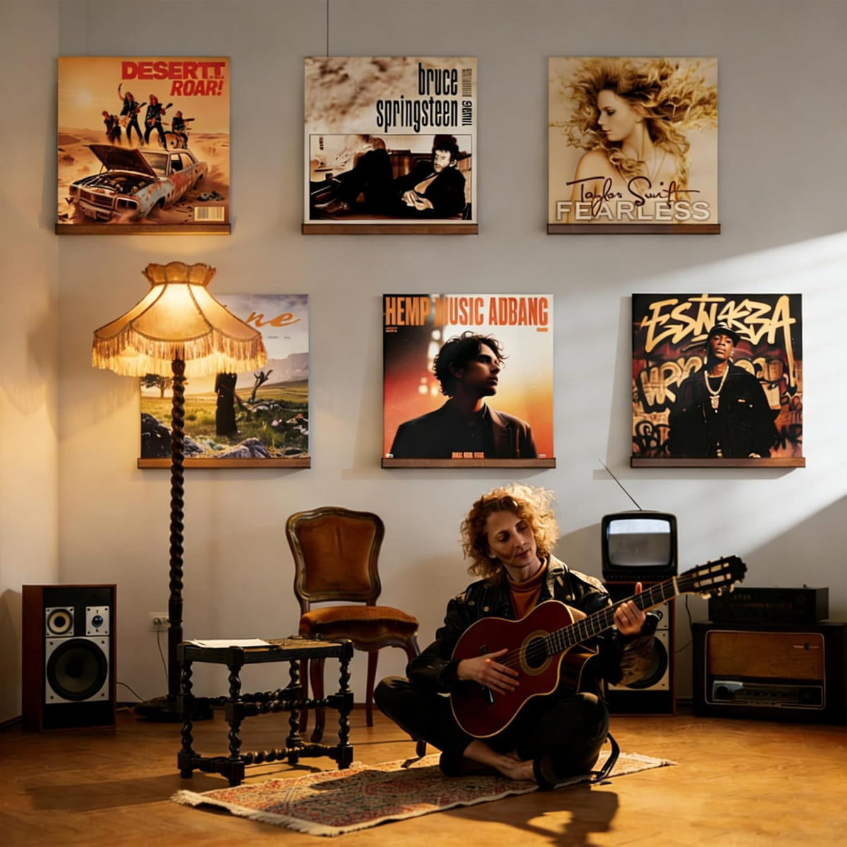 Record Wall Display No Drill with 2 Mount Options(Adhesive & Screws), 10 Pack Walnut Wood Vinyl Shelf, Vinyl Wall