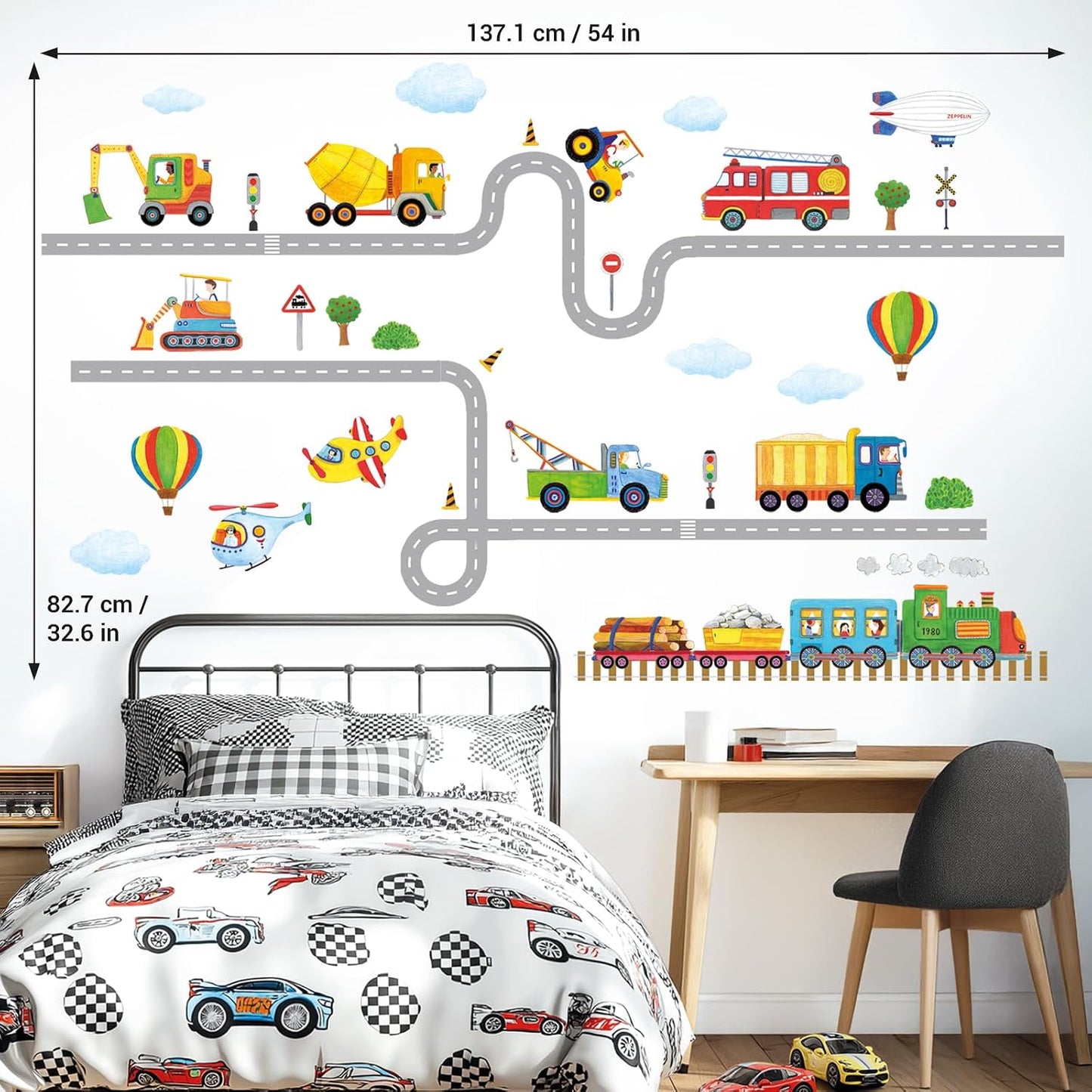 SG2-2107 Wall Decals Car Truck Tractor Road Stickers for Kids Boys / Construction Transportation