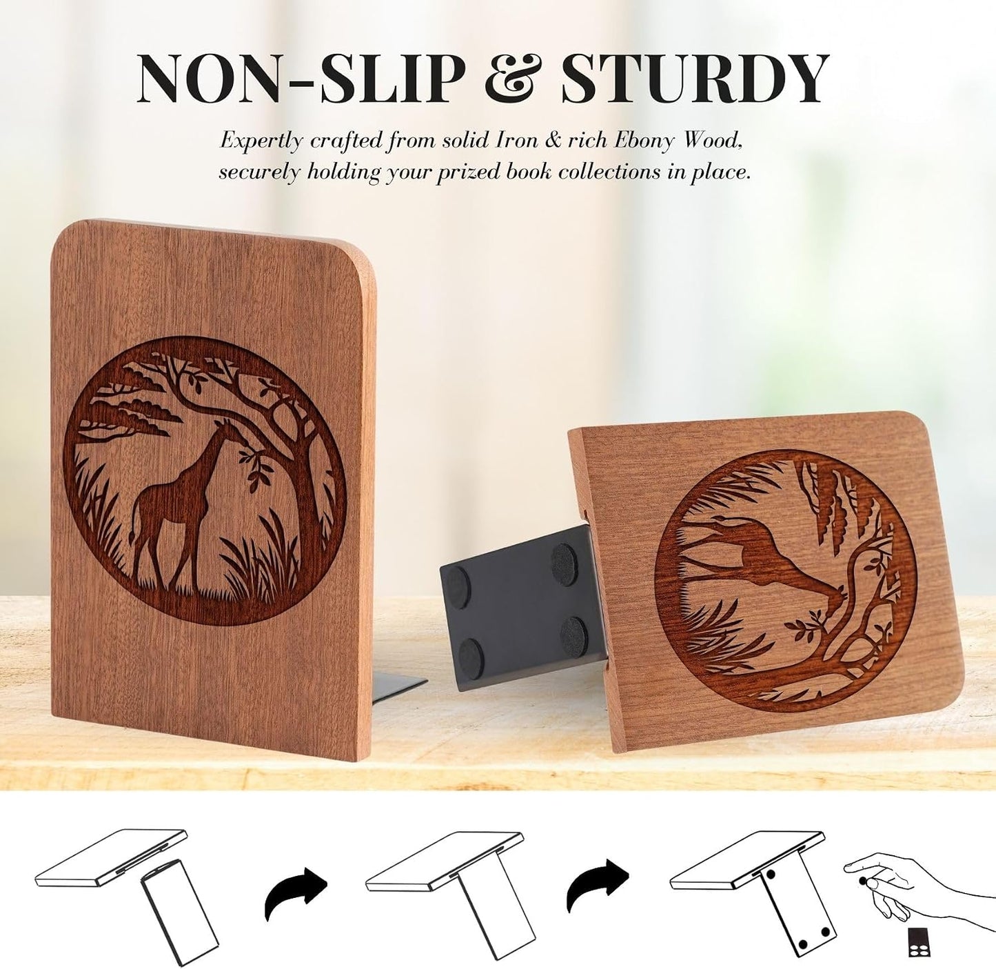 Heavy Duty Iron & Ebony Wood Book Ends / Eating / 4.72 x 6.69