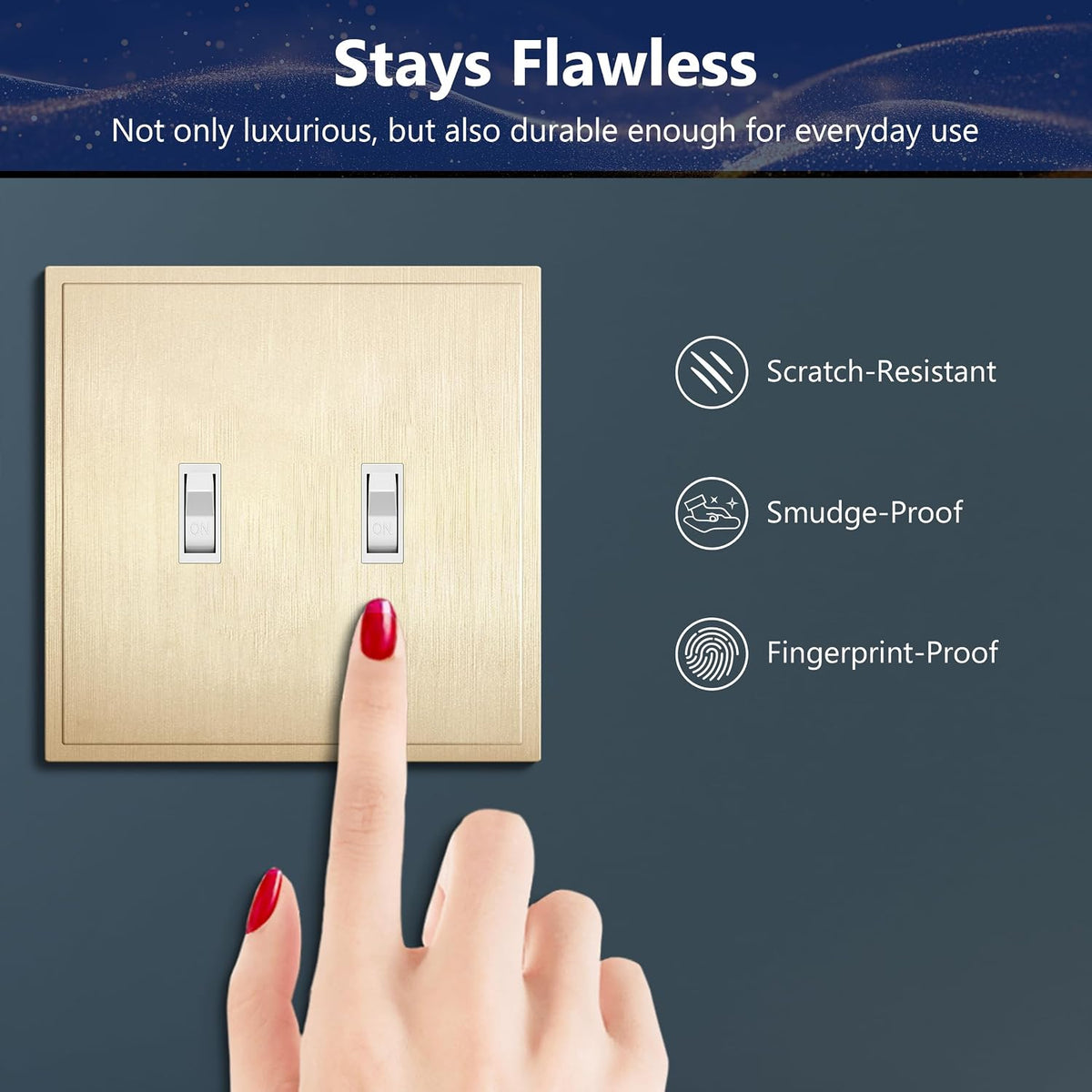 LIDER Modern Ogee Edge Screwless Wall Plate, Mid-Size 2-Gang Toggle Cover 4.88” x 4.92”, Contemporary Decor Style, ETL