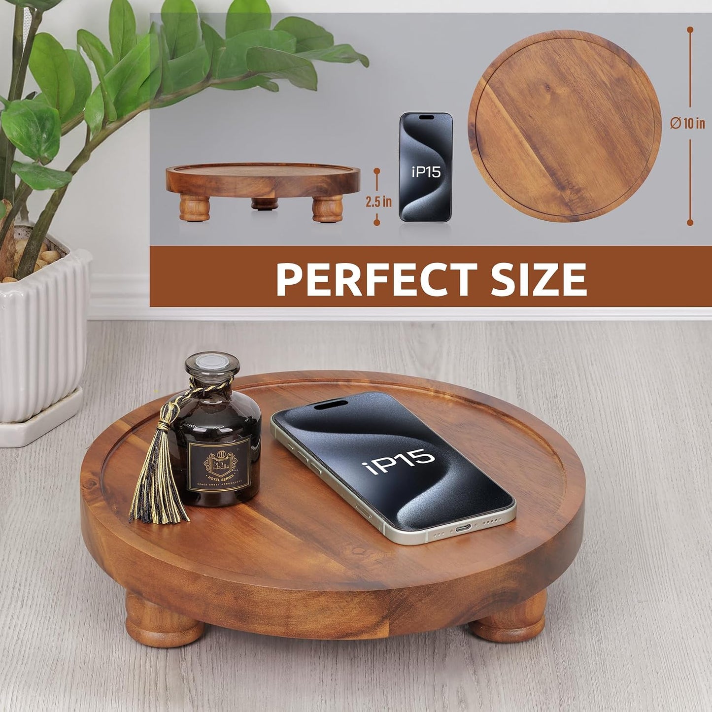 10" Acacia Wood Round Tray / Brown