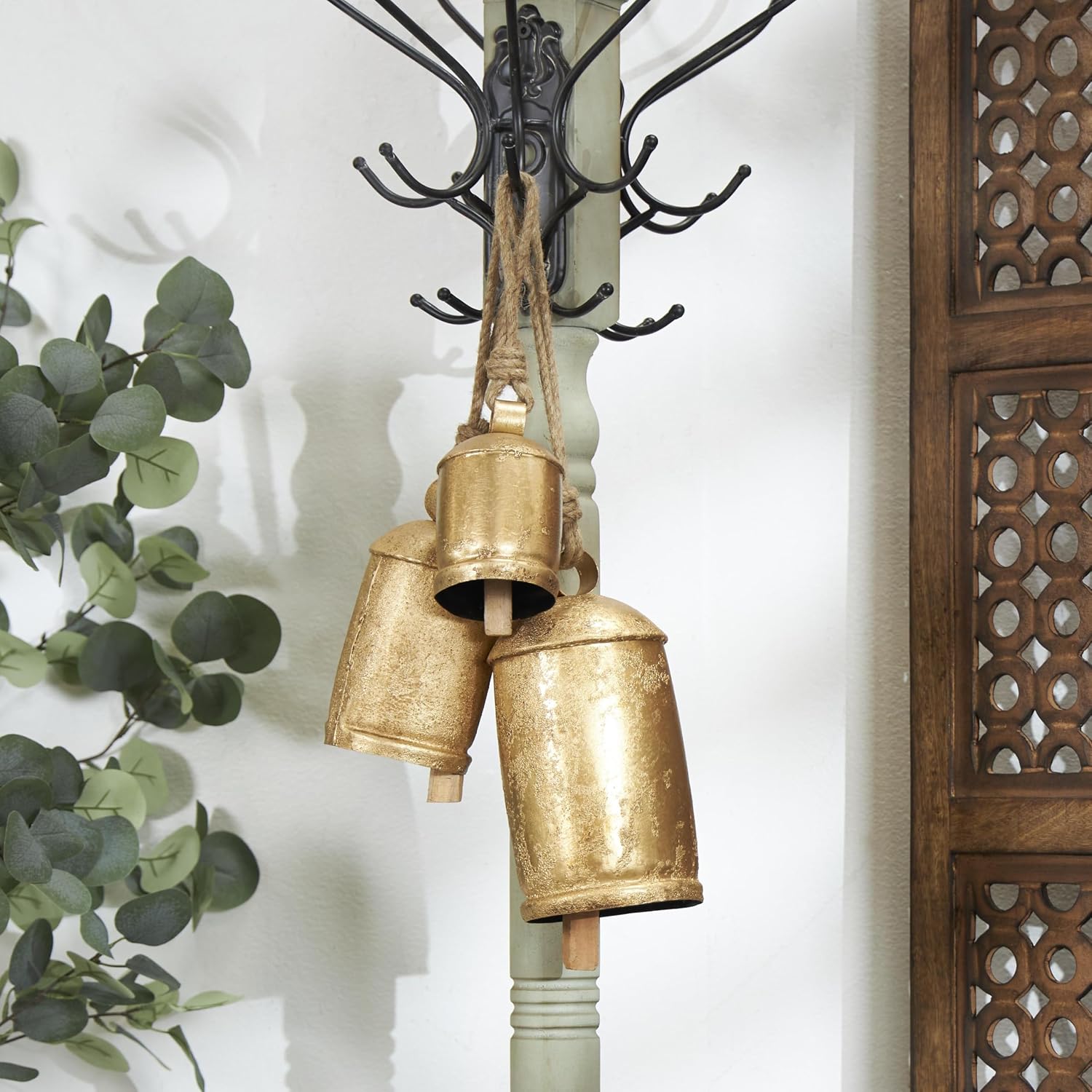 Deco 79 Metal Cow Bells, Meditation Bell, Set of 3, 10", 7", 5"H, Gold | Indoor metal art Tibetan inspired decorative