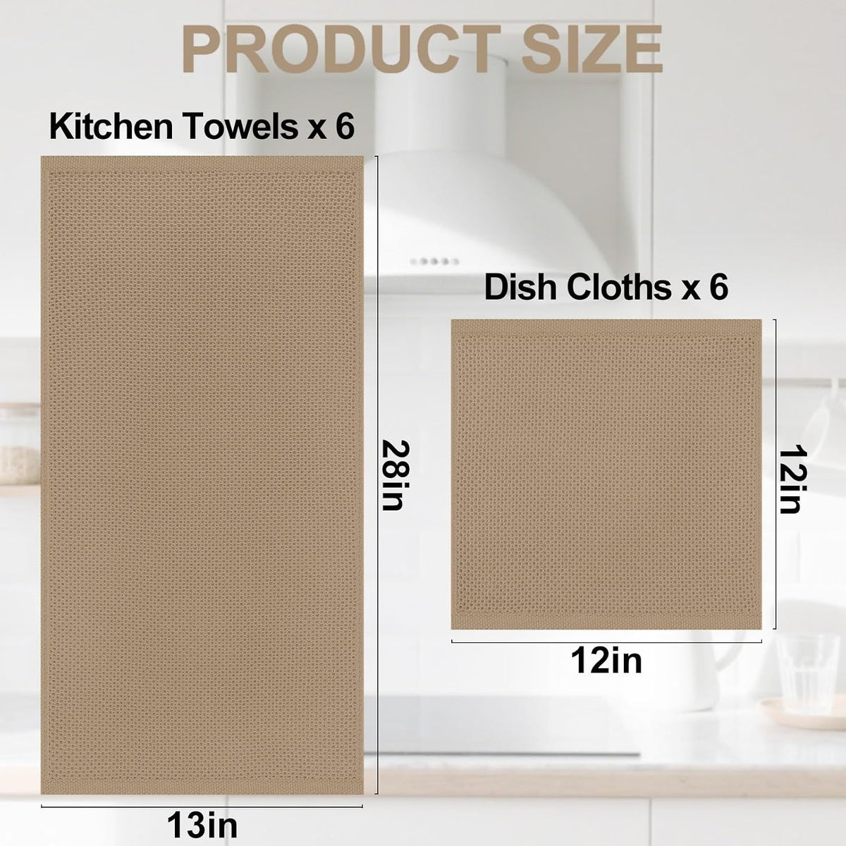 Homaxy 12 Pack 100% Cotton Kitchen Towels and Dishcloths Set, Tan | 12 x 12 Inches and 13 x 28 Inches Kitchen Towels