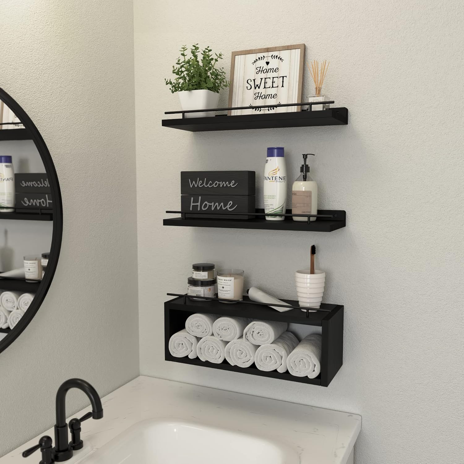 Floating Shelves for Wall with Cube Shelf, Wall Shelves with Metal Rail for Bathroom Decor, Bathroom Organizers and