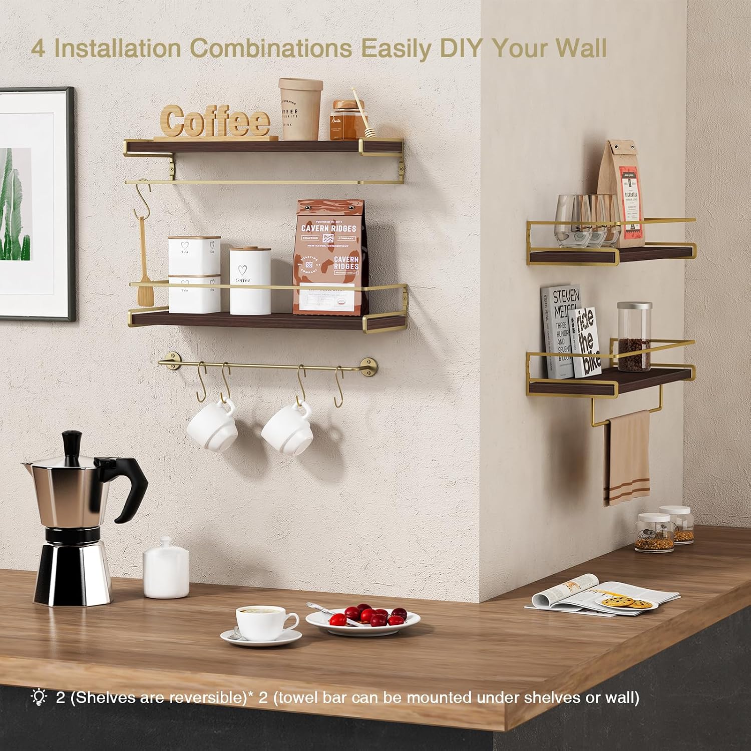 Floating Shelves Bathroom Shelves Over Toilet Set of 2, Bathroom Wall Shelves with Towel Bar, Wall Mounted Vanity Shelf