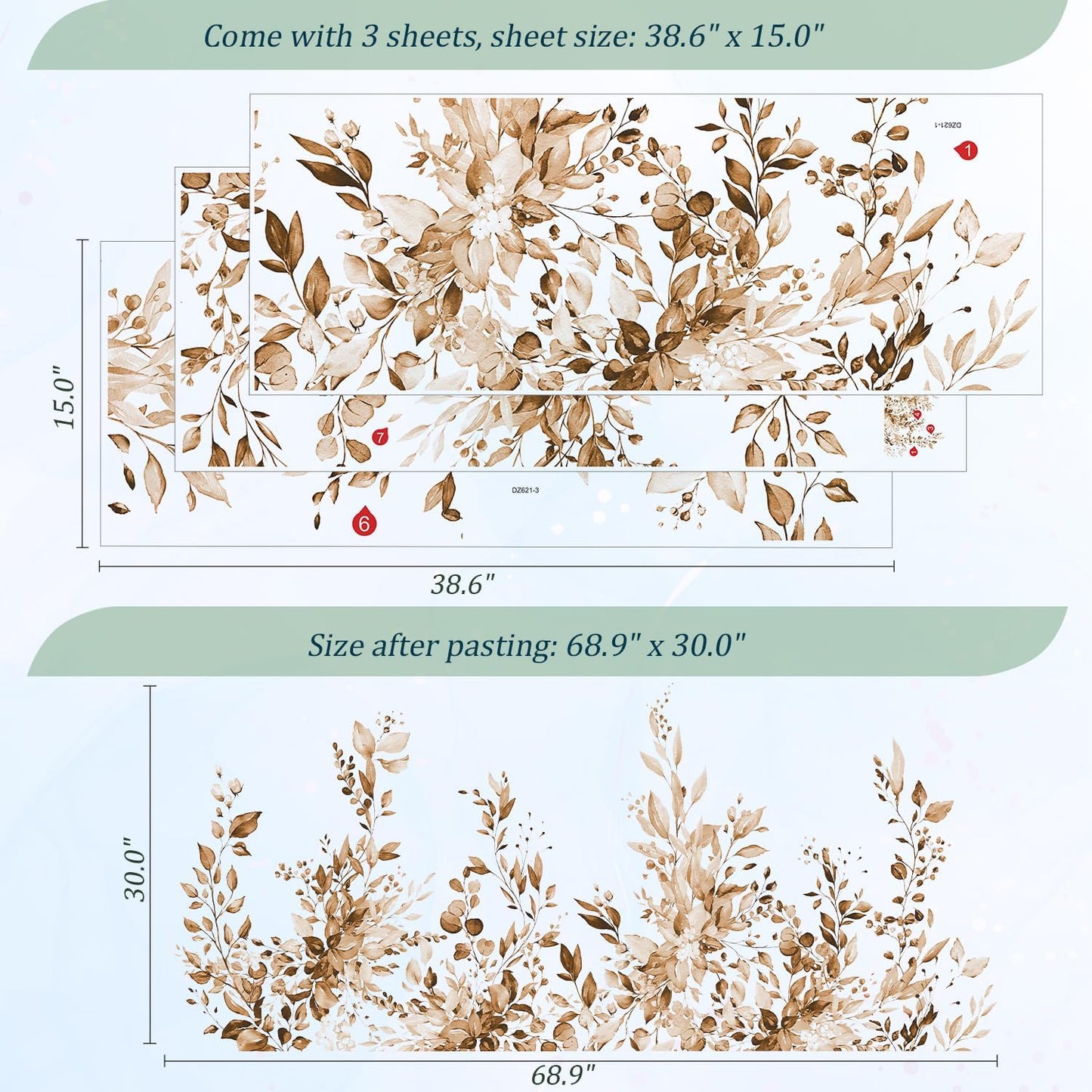 Large Floral Flowers Vinyl Wall Stickers / Plants Brown
