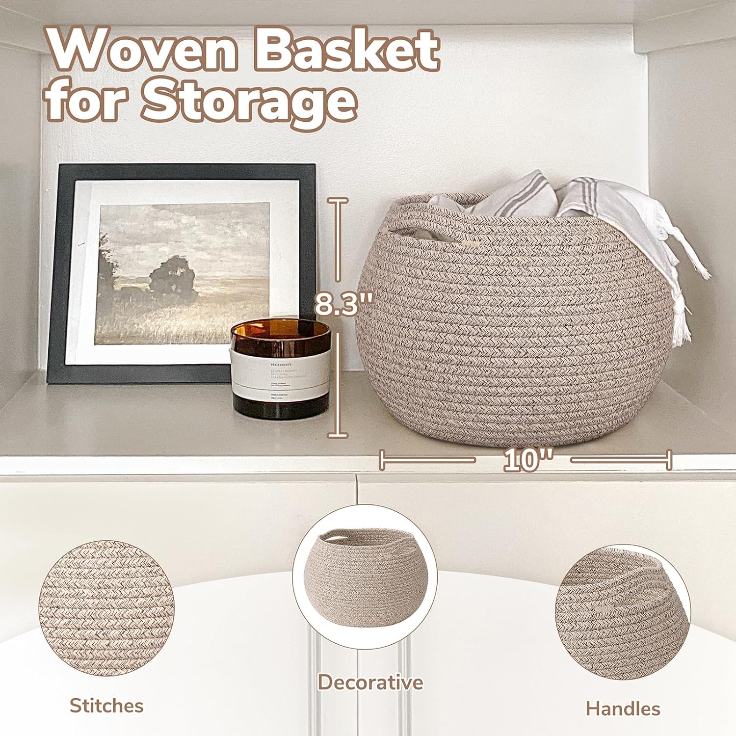 Woven Basket / Round Wicker Baskets for Toy Storage / Light Brown / 10"D x 8.3"H