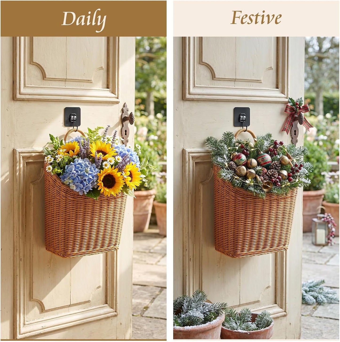 Handmade Woven Hanging Waterproof Plastic Rattan Wicker Basket / Set of 2