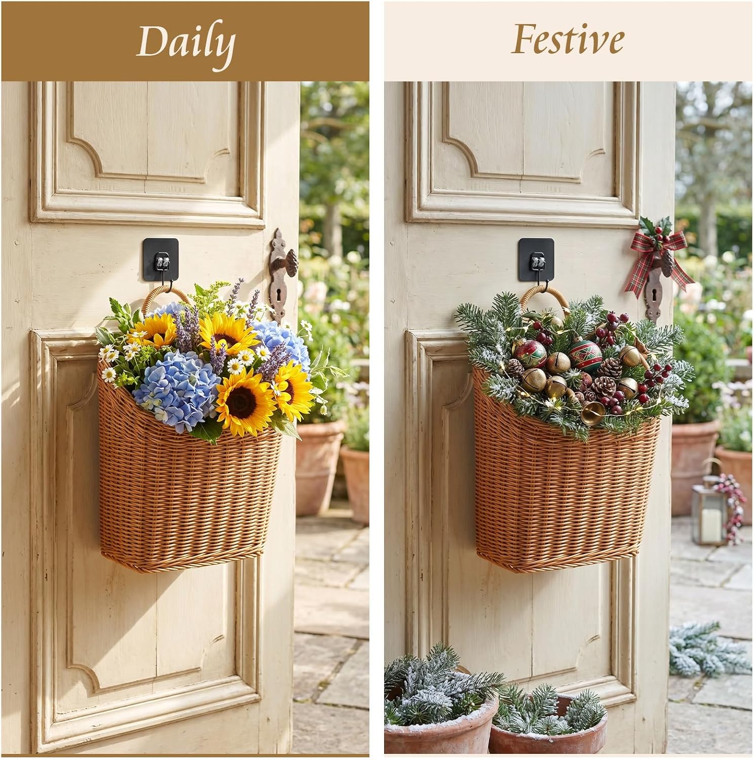 Handmade Woven Hanging Waterproof Plastic Rattan Wicker Basket / Set of 2