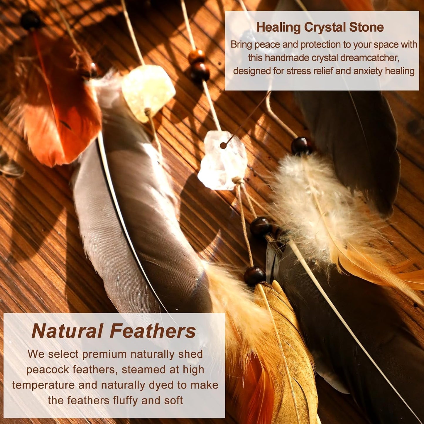 Dream Catcher Native American Boho Dreamcatcher Rattan Wall Decor / Brown with Crystal